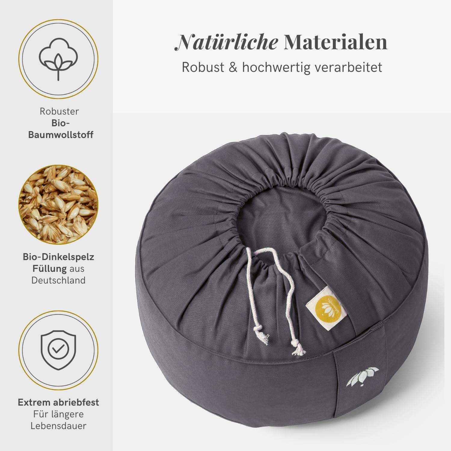 Lotuscrafts Meditationskissen mit 15 cm Sitzhöhe, bestickt, Yogakissen mit Dinkelfüllung, rundes Yogakissen, rundes Bodenkissen, Meditationskissen, Bezug waschbar, GOTS zertifiziert – Bild 3