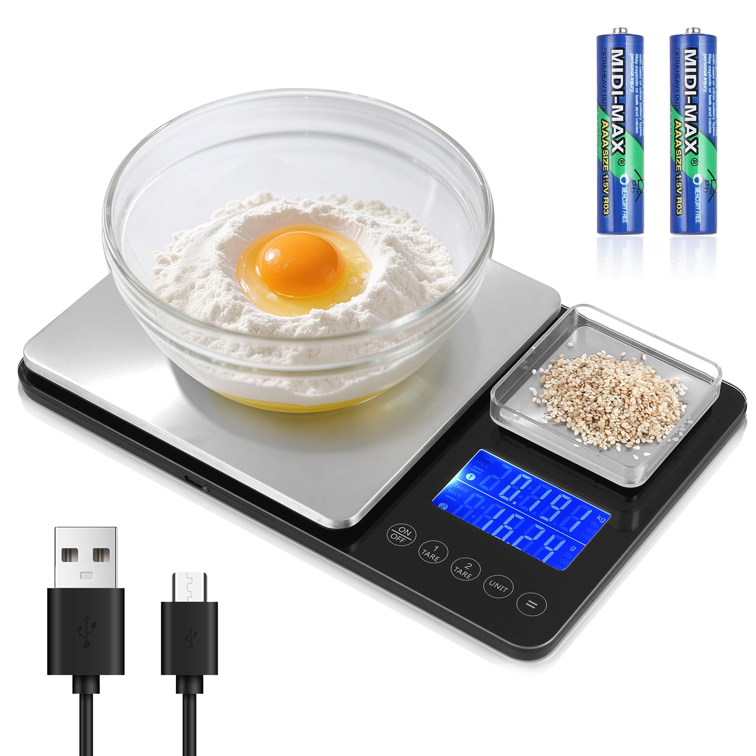 Doppelplattform-Digitalwaage (10 kg/1 g & 500 g/0,01 g), USB-Aufladung und Batteriebetrieb, Edelstahl, Tara-Funktion, LCD-Display, 7 Gewichtseinheiten, ideal zum Backen und Kochen