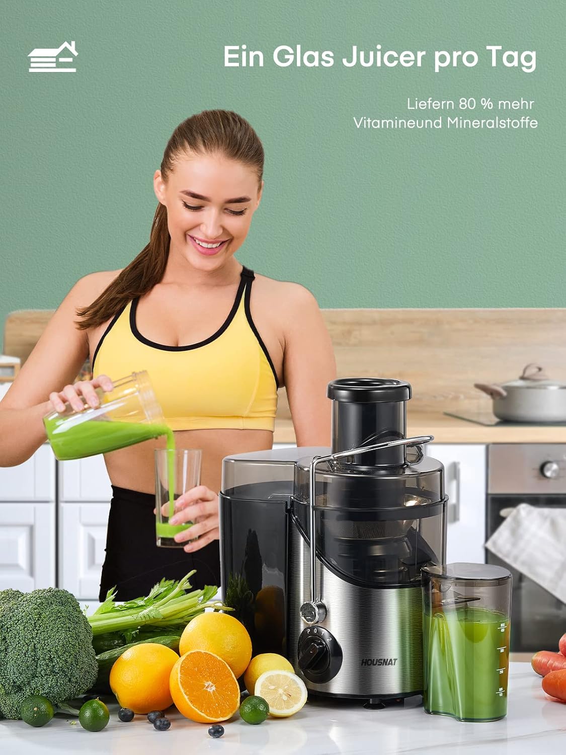 HOUSNAT Entsafter Gemüse und Obst, max. 800 W, Edelstahl-Entsafter-Maschine mit 3 Geschwindigkeitsstufen, 65 mm großer Mund-Einfüllschacht, Zentrifugal-Entsafter, leicht zu reinigen, BPA-frei, 400 W – Bild 7
