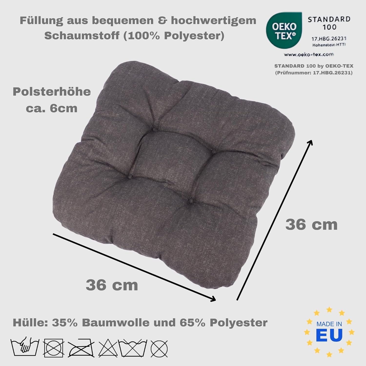 HLKauf 8er-Set Sitzkissen Anthrazit, 36 x 36 x 6 cm, weiche Kissen, für Garten, Camping, Gastronomie oder Bistro, Öko-Tex und hergestellt in der EU – Bild 3