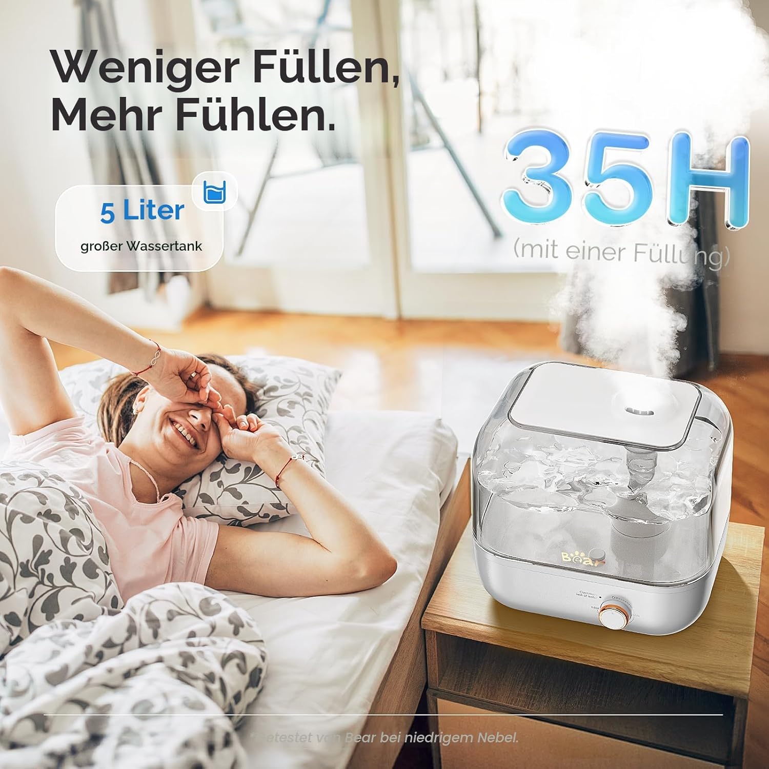 BEAR 5 L Luftbefeuchter mit Top-Füllung, 360° erweiterbare Dampfdüse, 28 dB extrem leise für Babys und Pflanzen, 35 Stunden Laufzeit, mit Aromatherapie-Tablett, automatische Abschaltung, Weiß – Bild 3