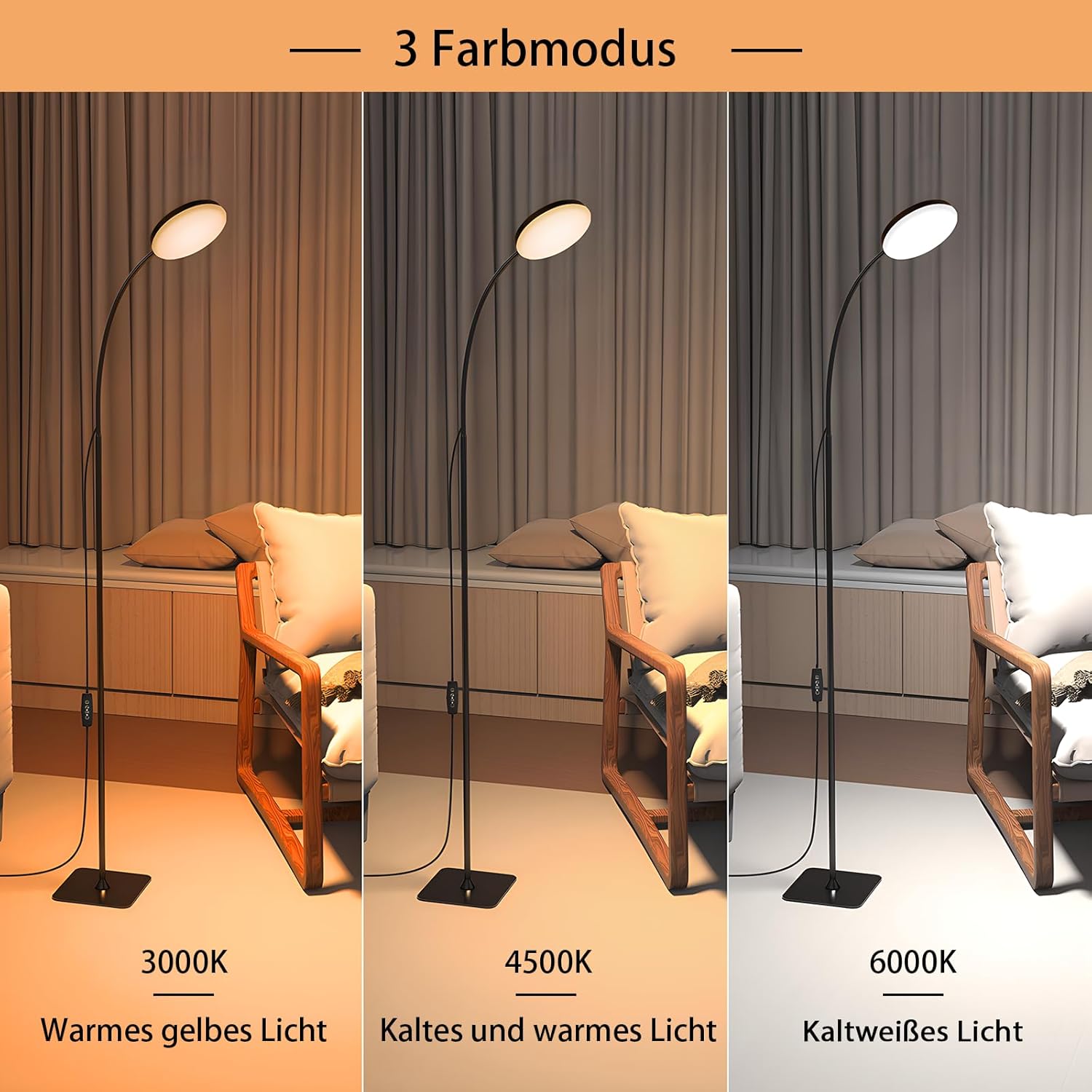 Mojimdo Stehlampe, (3 Farben und 10 Helligkeiten), schlanke LED-Leselampe zum Stehen, dimmbar, verstellbar, flexibel, Stehlampe für Kinderzimmer, Büro, Wohnzimmer, Eck-Nachttischlampe – Bild 3