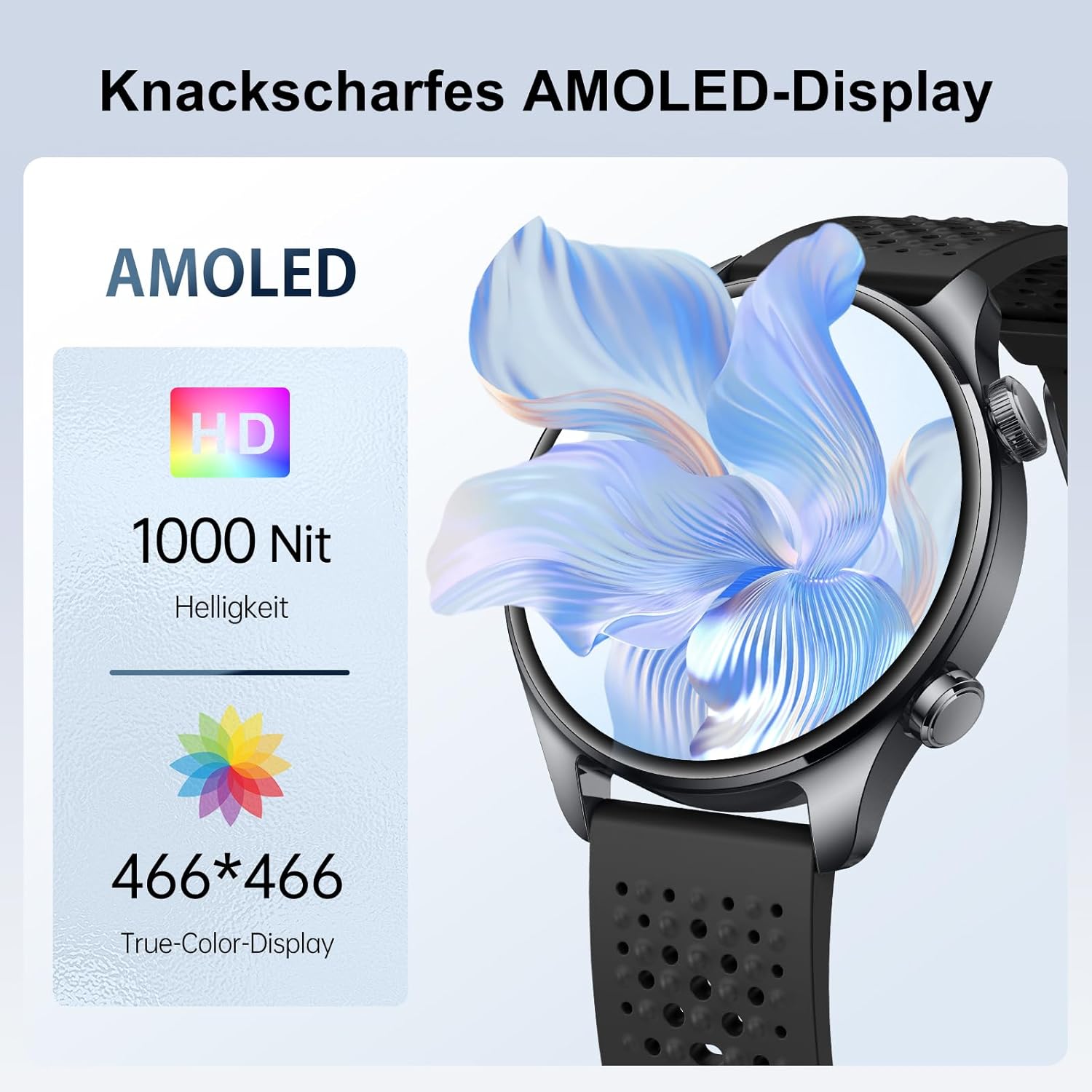 Runde Herren-Smartwatch mit integriertem GPS, 1,43 Zoll AMOLED Always-On-Display, 3ATM wasserdichte Fitnessuhr, 100+ Sportmodi, Herzfrequenz-/SpO2-/Schlafmonitor, Schrittzähler, iOS/Android, Schwarz – Bild 3