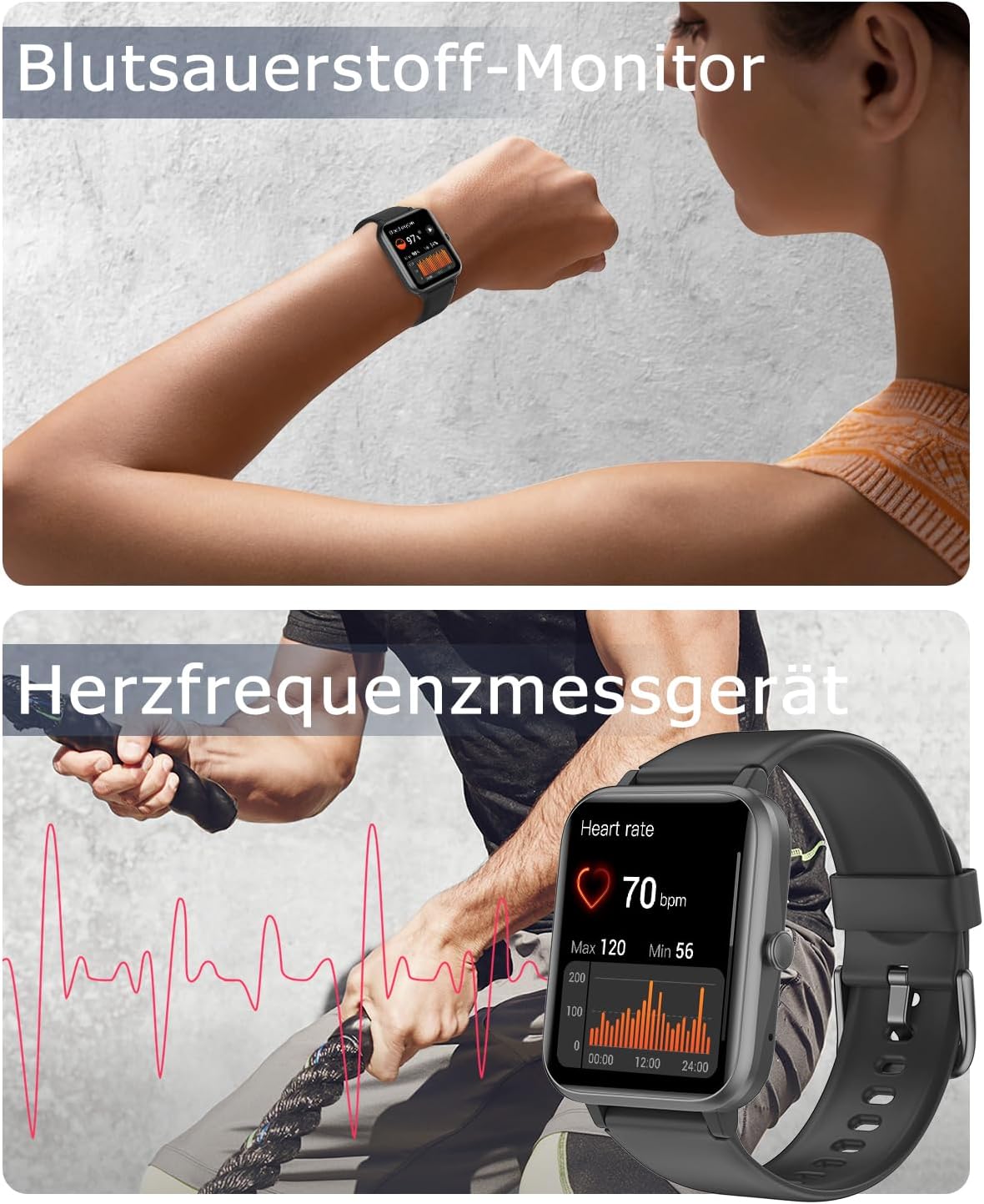 GRV Smartwatch, Unisex-Fitnessuhr mit Herzfrequenzmesser, Schrittzähler, Schlafmonitor, 9 Trainingsmodi – Bild 4