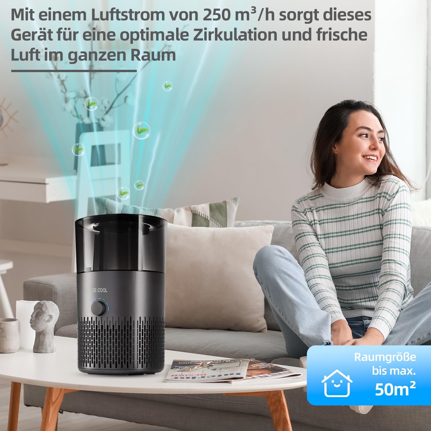 Be Cool Luftbefeuchter – 7 einstellbare Luftfeuchtigkeitsstufen / 360°-Drehung – 12 Stunden Betriebszeit, HEPA, gegen Pollen, leise – 3,8 l Tank/Schwarz – Bild 4