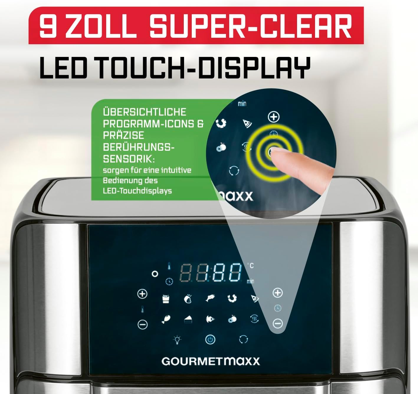 GOURMETmaxx Digitale XXL Heißluftfritteuse 12 Liter | Braten ohne Fett, Zubehör ist spülmaschinenfest | Edelstahldesign, 10 Programme und Timerfunktion (1.800 Watt/Schwarz) – Bild 4