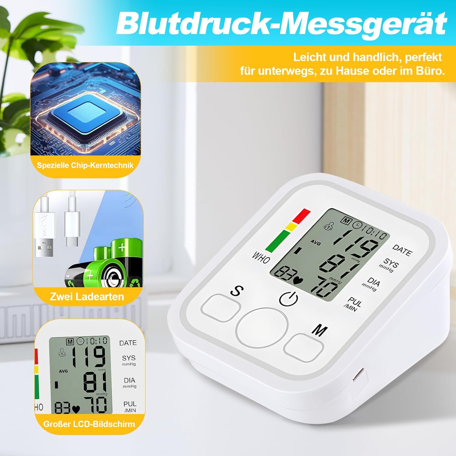 Blutdruckmessgerät Oberarm Digitalmonitor Hoher Blutdruck LED-Anzeige, Arrhythmie-Erkennung & Pulsmessung, große Manschette 22-36 cm, 2 x 99 Speicher – Bild 7
