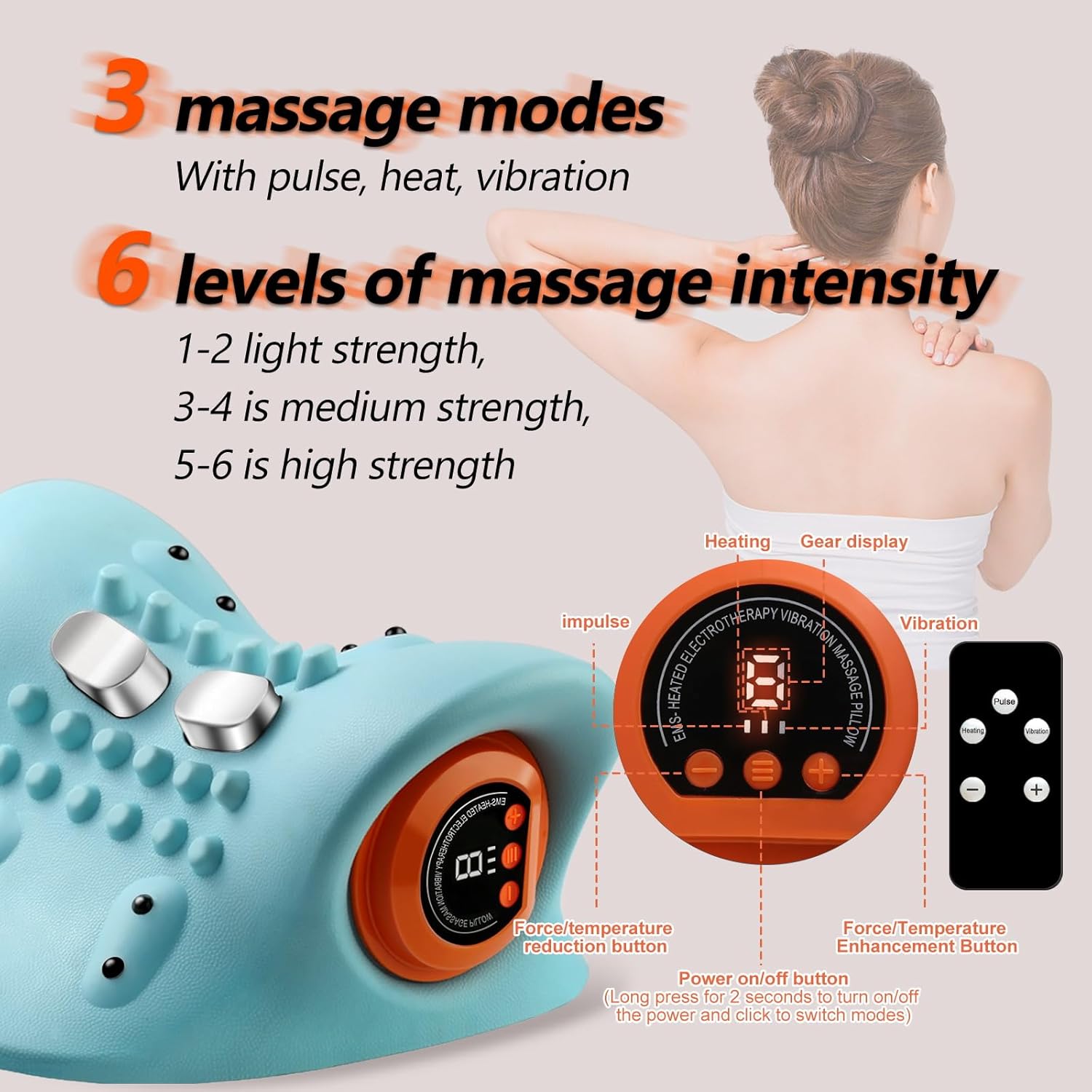 EMS Elektrisches Nackenmassagegerät, kabelloses Nackenmassagegerät mit Wärme und Vibration, 3 Modi, 6 einstellbare Frequenzen, Entspannungskissen, Akupressur für den Nacken – Bild 5