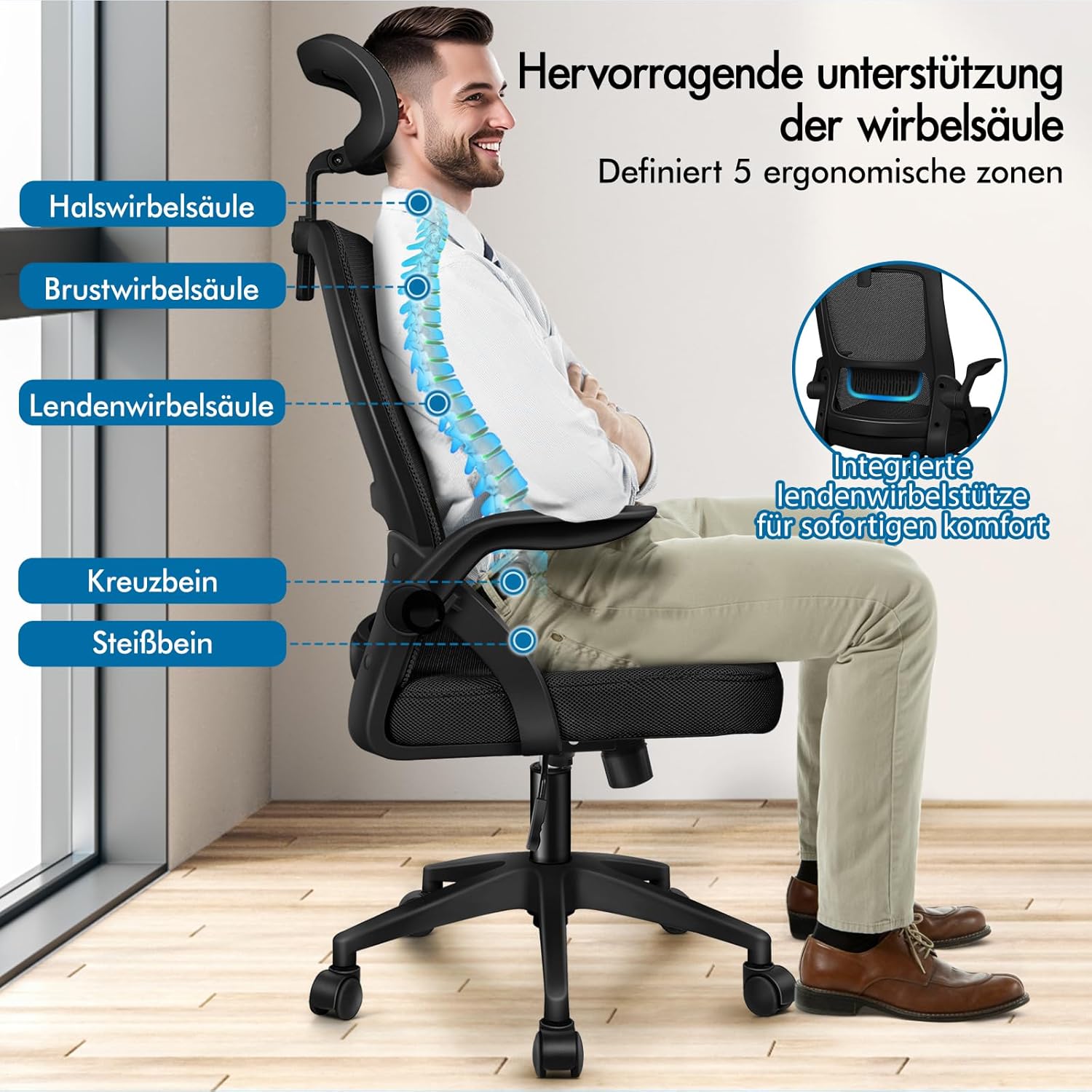 ALFORDSON Ergonomischer Büro-Schreibtischstuhl, Computerstuhl mit dynamischer Lordosenstütze, neigbarer Drehstuhl mit hochklappbarer Armlehne, Schwarz – Bild 3