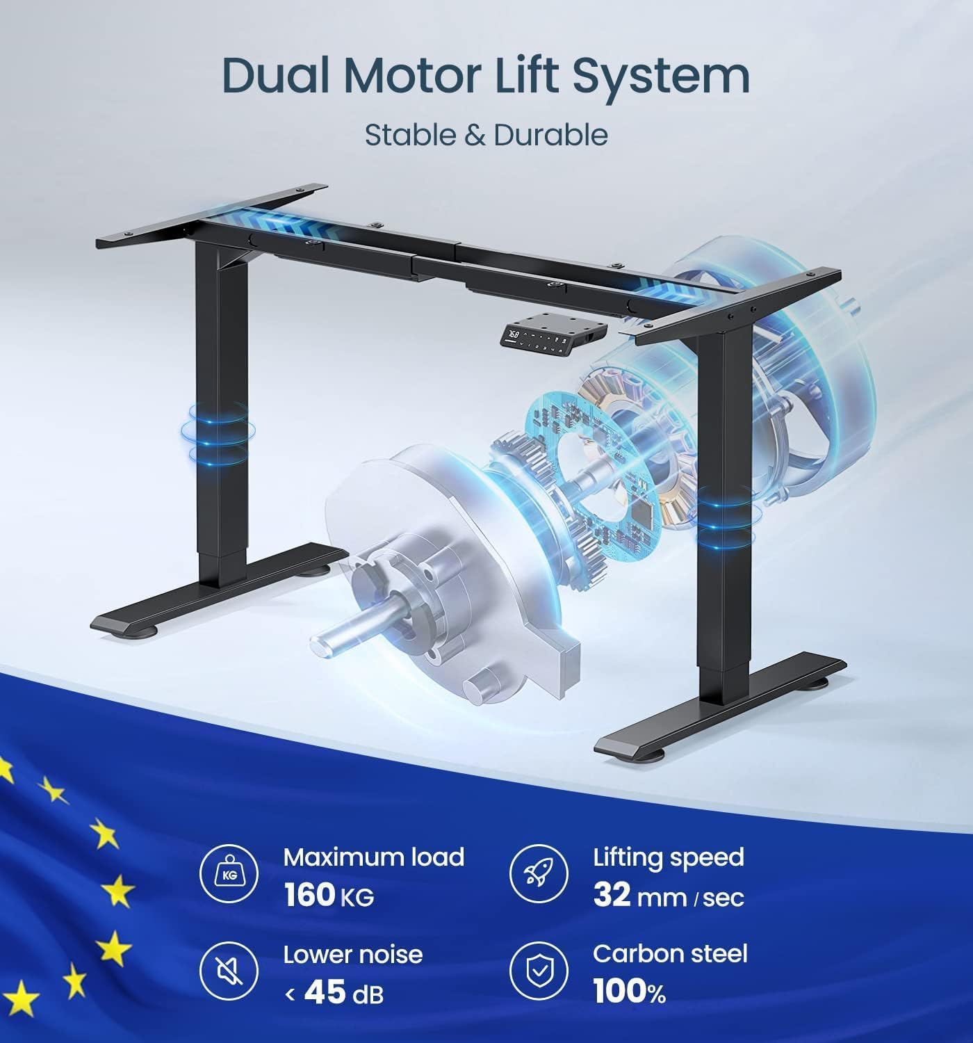 MAIDeSITe höhenverstellbarer elektrischer Schreibtisch mit 2 leistungsstarken Motoren, höhenverstellbarem Schreibtischgestell, 2 Teilbeinen sowie 4 Memory-Steuerungen und Kollisionsschutzfunktion (Schwarz) – Bild 5