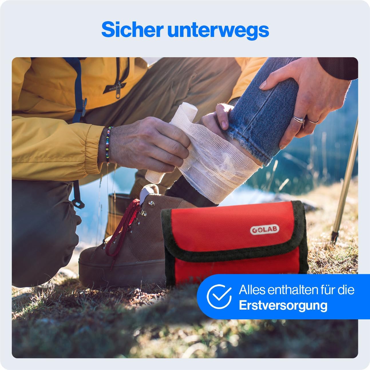 GoLab Mini Erste-Hilfe-Set mit 46 Teilen – Kompaktes Notfallset für Zuhause, Outdoor, Reisen, Camping & Sport – Erste-Hilfe-Ratgeber nach DGUV, geordnet in 3 Fächern 195 g, DIN-konforme Reiseapotheke – Bild 4