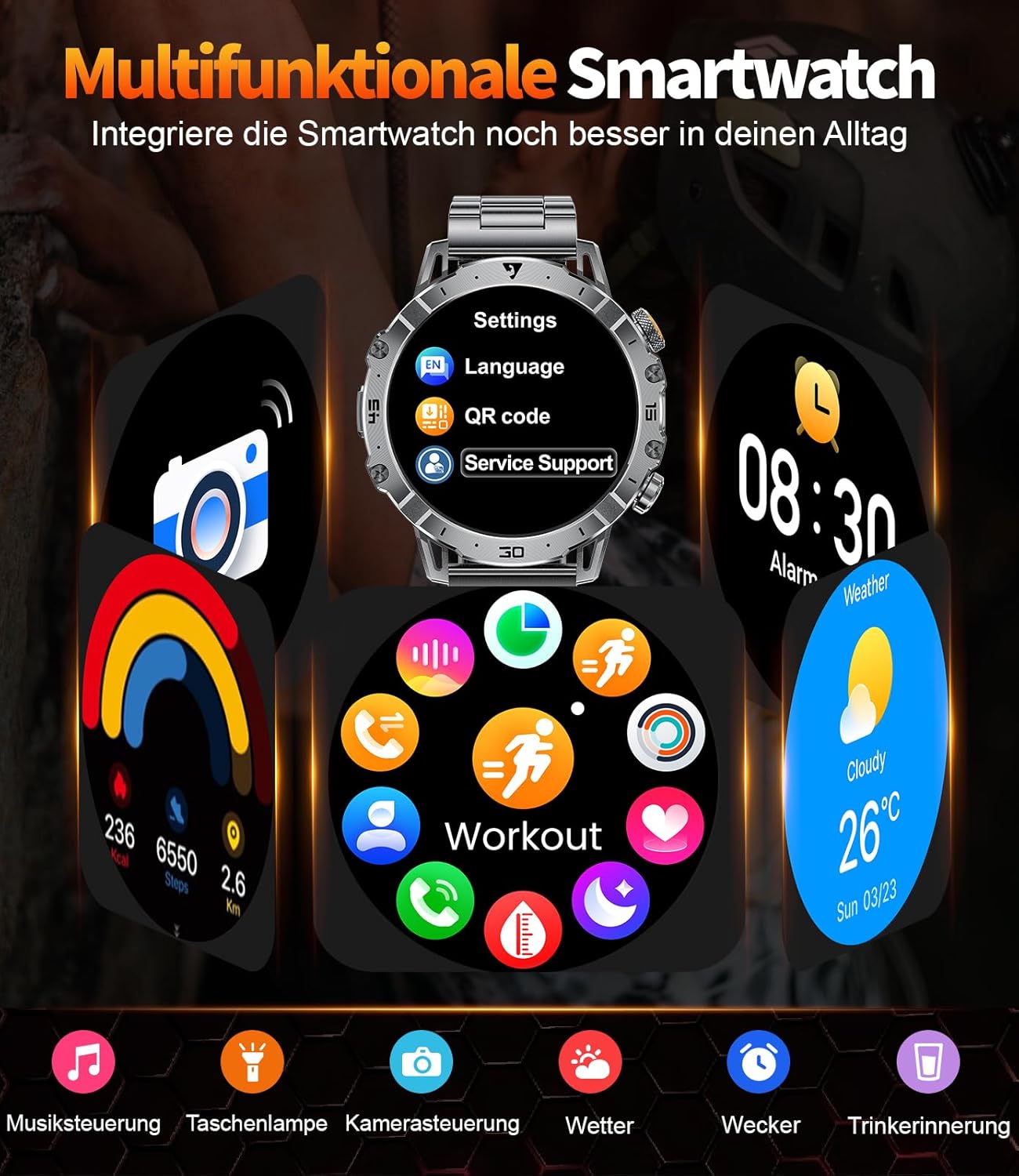 EF18-A Herren-Smartwatch mit 1000 mAh großem Akku, Taschenlampe, Bluetooth-Anruf, 1,7 Zoll Fitnessuhr mit 110+ Sportmodi, Herz- & Schlaf-Tracking, wasserdicht für iOS/Android, 3 Armbänder + 2 Ladegeräte – Bild 9