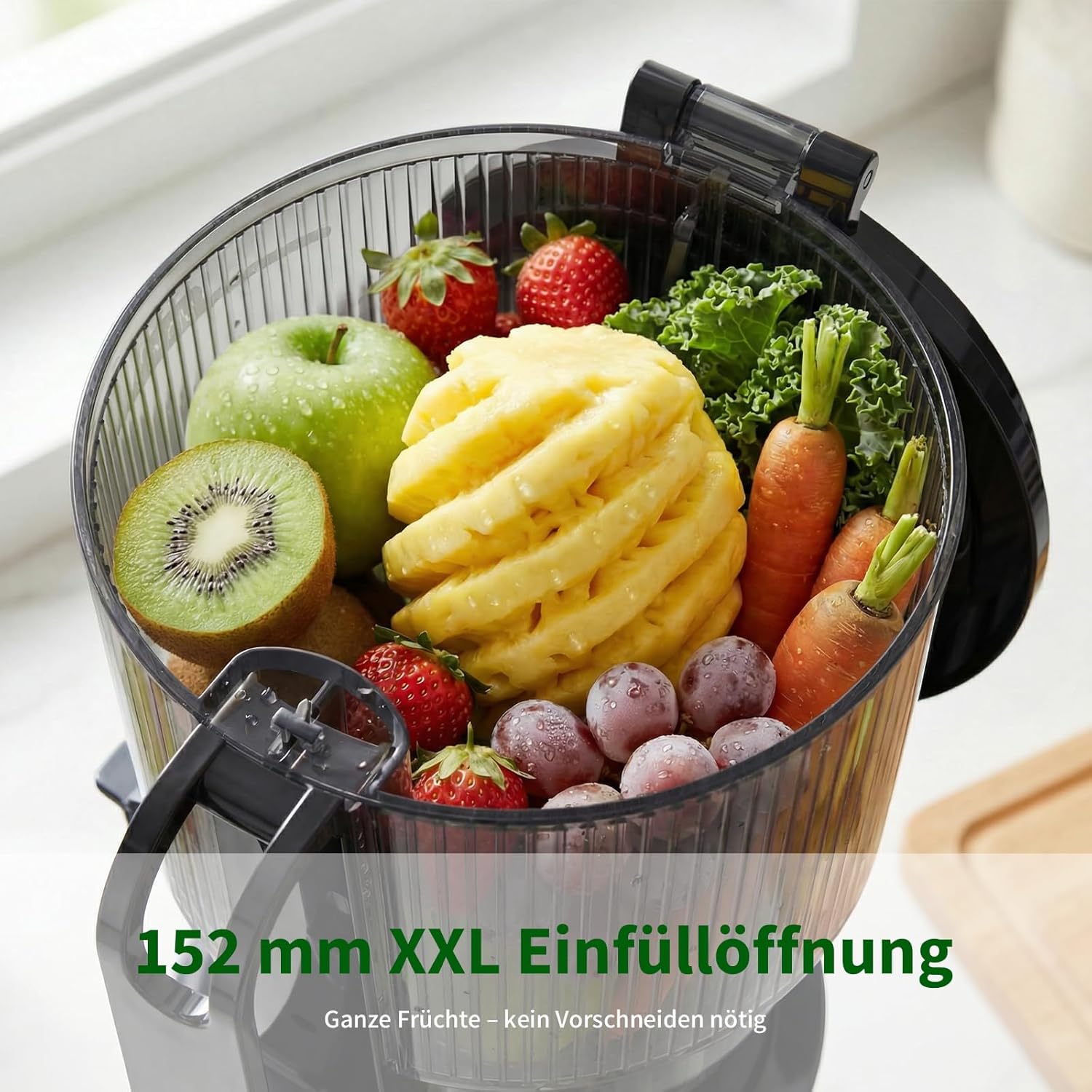 Slow Juicer 400 W, 152 mm extra großer Einfüllschacht für ganze Früchte und Gemüse, hohe Saftausbeute, 3-in-1-Sieb (Saft, Sorbet, Nussmilch), BPA-frei, spülmaschinenfest, 1,8 l – Bild 2