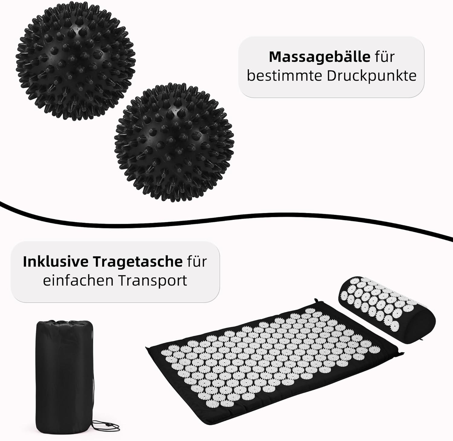 Akupressurmatte Akupunkturmatte mit Kissen gegen Nacken- und Rückenschmerzen, Akupressurmatte für Magnetfeldtherapie, inklusive Tragetasche und zwei Massagebällen für Damen und Herren, Schwarz – Bild 6