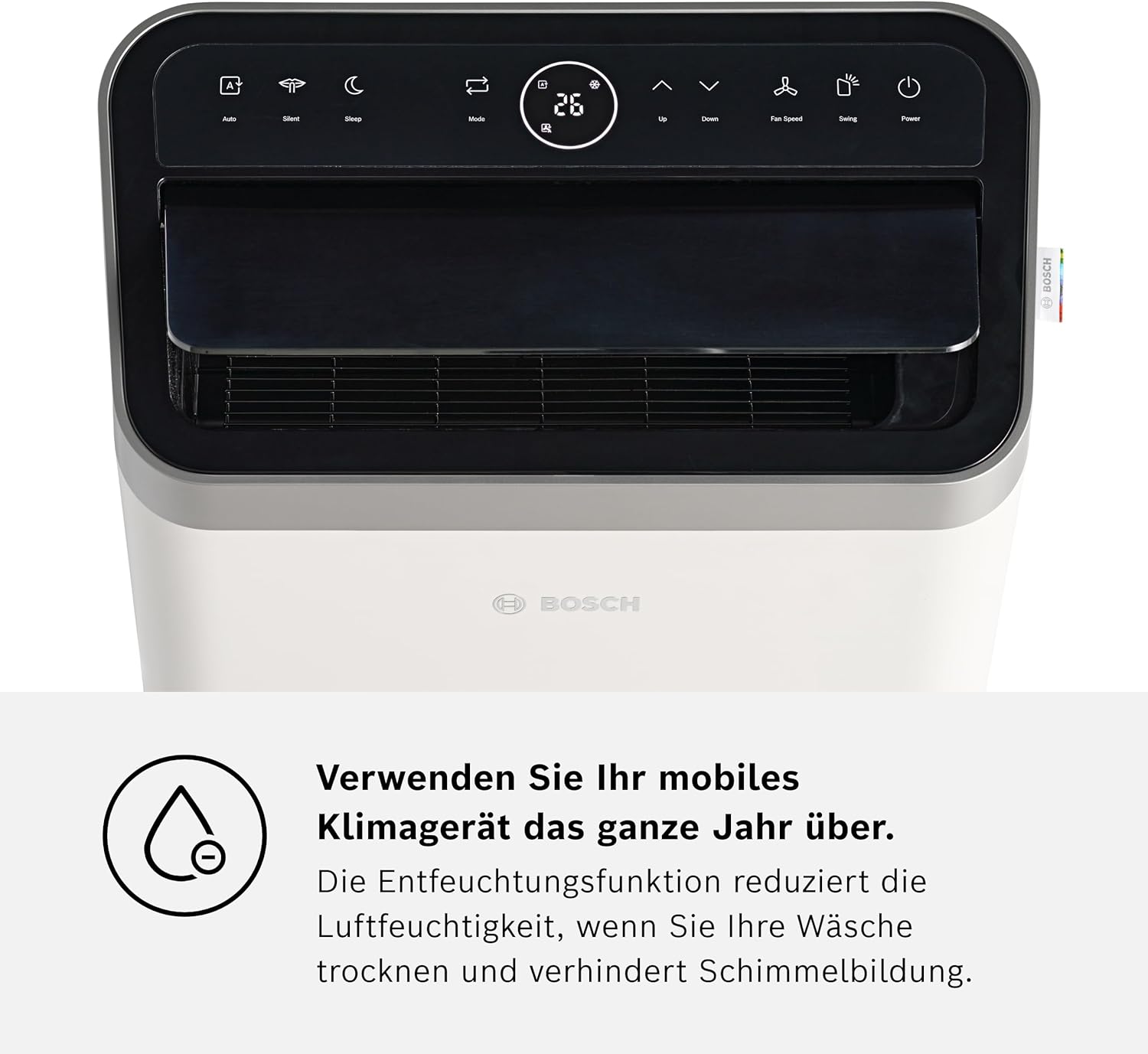 Bosch Cool 4000 Mobiles Klimagerät, 3-in-1-Klimagerät, Luftentfeuchter, Ventilator, 2,6 kW für Räume bis 35 m², mit Auto-Modus, Silent-Modus, Schlafmodus – Bild 8