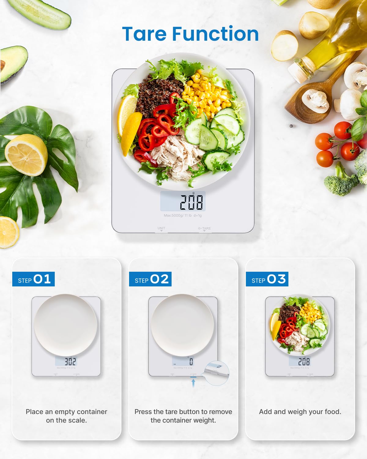 RENPHO Digitale Küchenwaage mit LCD-Display, professionelle Haushaltswaage mit Tara-Funktion, Lebensmittelwaage zum Backen und Kochen, 1 g/0,05 oz präzise Teilung, 5 kg Maximalgewicht – Bild 7
