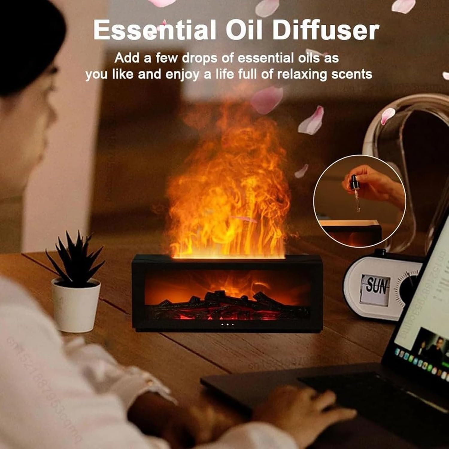 Luftbefeuchter Kamin, Flammen-Aroma-Diffusor, 150 ml Diffusor für ätherische Öle mit Fernbedienung und 7-Farben-LED-Beleuchtung, automatische Abschaltung, Timer für Zuhause, Büro, Schlafzimmer, Geschenk – Bild 4