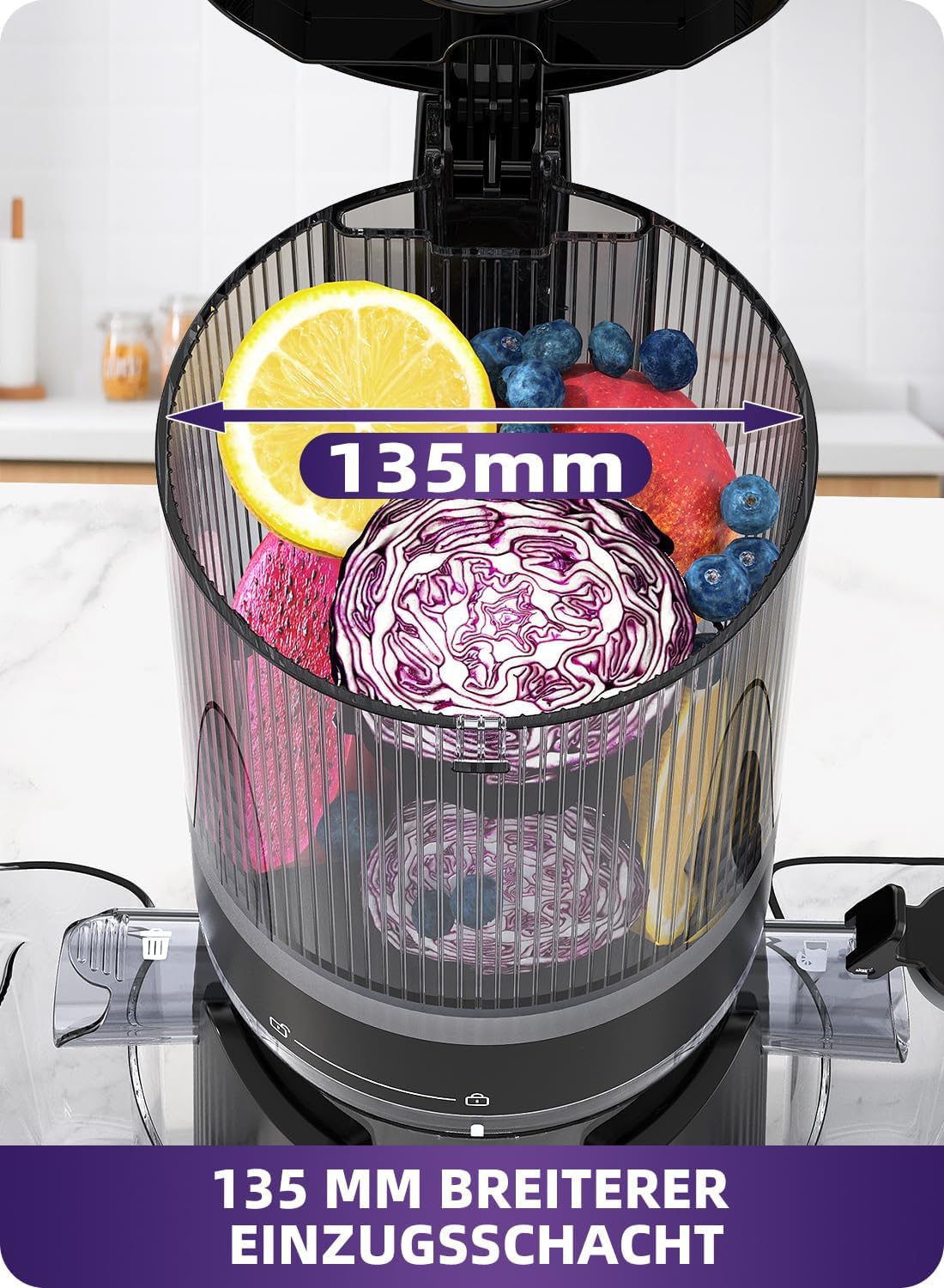 ACOQOOS Entsafter, Entsafter für ganzes Gemüse und Obst, 135 mm Breite und größeres Einfüllrohr, 1,8 l Fassungsvermögen, leicht zu reinigender Slow Juicer mit 2 Gläsern, elektrischer Entsafter, schwarz – Bild 2