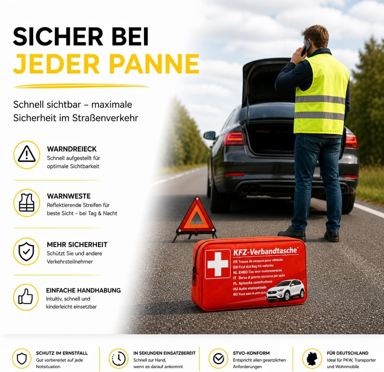 3-in-1-Set Auto-Pannenset geprüft 2026 & Autozubehör – Kfz-Verbandkasten mit Verbandskasten & Warnweste & Warndreieck für die StVO – Bild 2