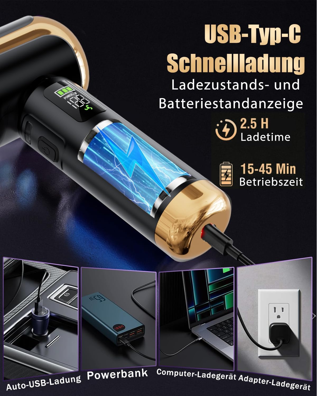 Handstaubsauger Akku kabellos, Autostaubsauger 27000Pa Mini-Staubsauger, wiederaufladbar, tragbar, leicht, Autostaubsauger stark, 220.000 U/min, elektrischer Staubbläser für Auto, Küche, PC, Sofa, Büro, Schwarz – Bild 5