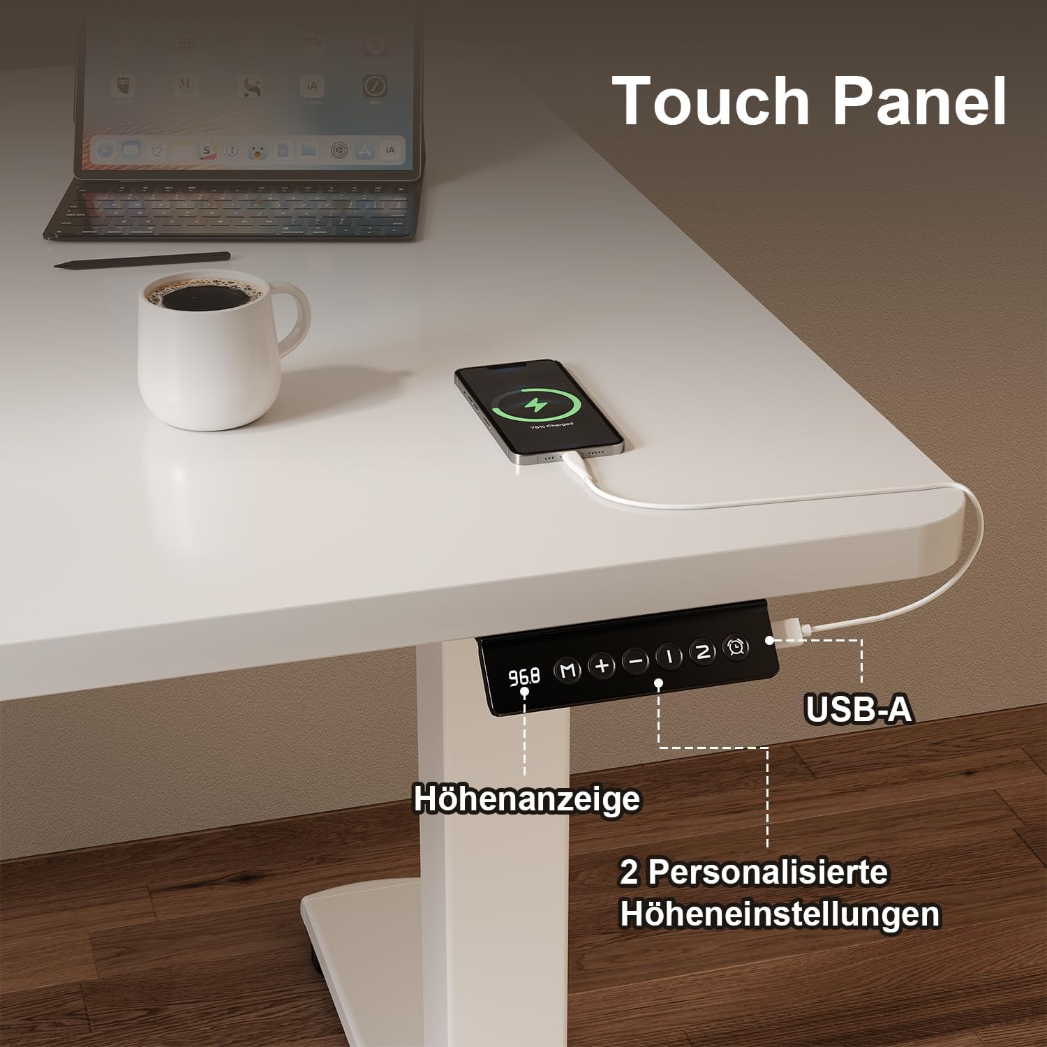 JUMMICO Elektrisch höhenverstellbarer Schreibtisch – Stehsitztisch mit Memory-Funktion & kompletter Tischplatte, Computertisch für Büro & Zuhause, 110 x 53 cm, Weiß – Bild 5