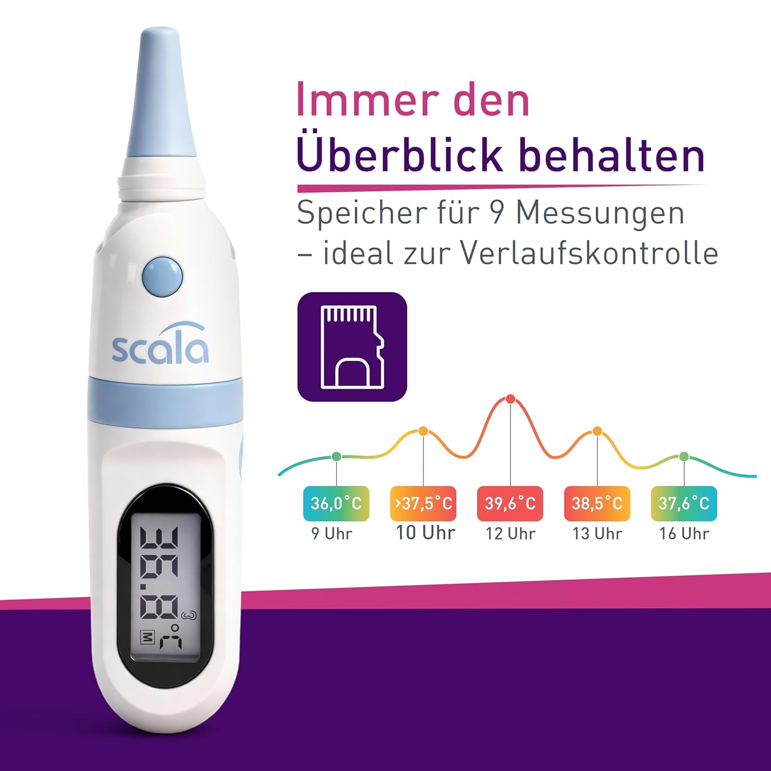 scala SC 8178 Infrarot-Ohrthermometer – Digitales Fieberthermometer für Kinder & Erwachsene – 1 Sekunde Messzeit, akustischer Fieberalarm & Speicher für 9 Messwerte – Bild 5