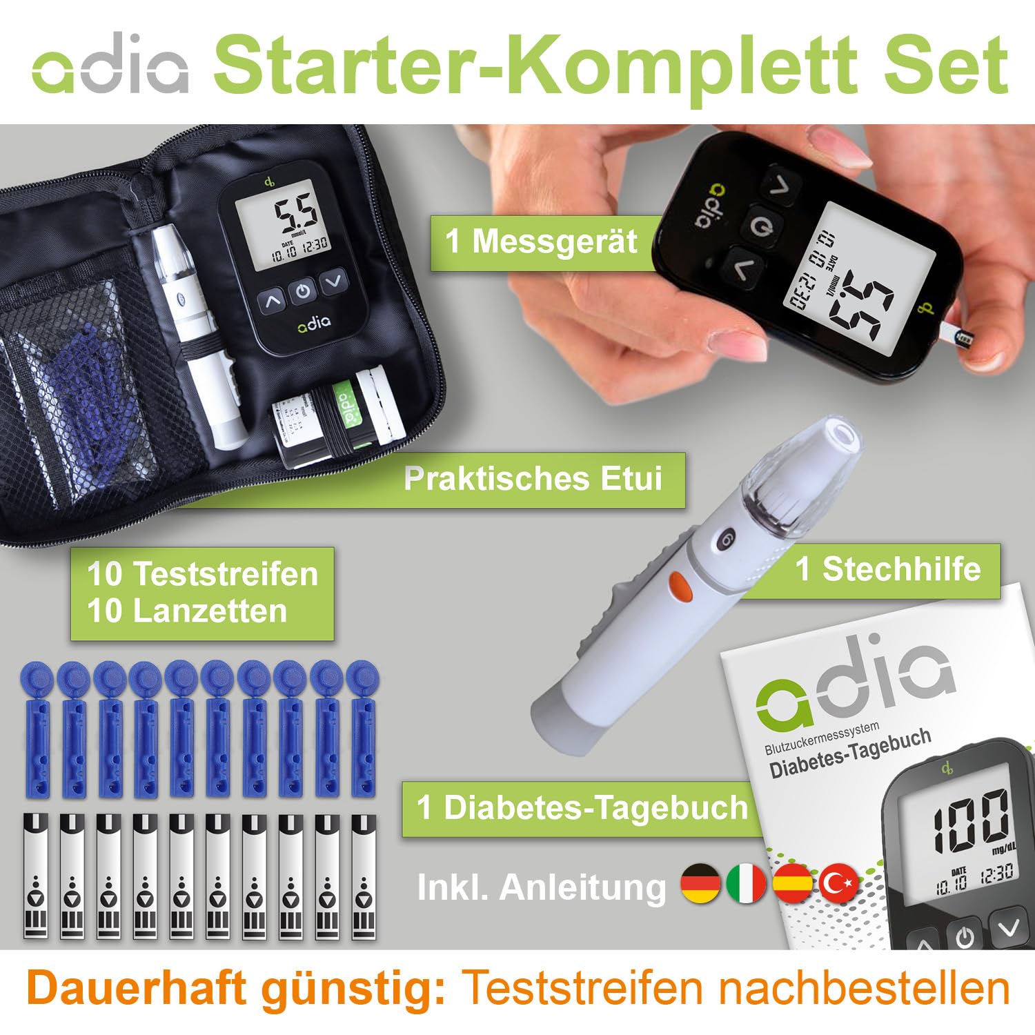 adia Blutzuckermessgerät (mmol/L, internationale Einheit) + 10 Blutzuckerteststreifen, 10 Lanzetten, Stechhilfe und Koffer – Blutzucker-Selbstkontrollset für Diabetes – Bild 2