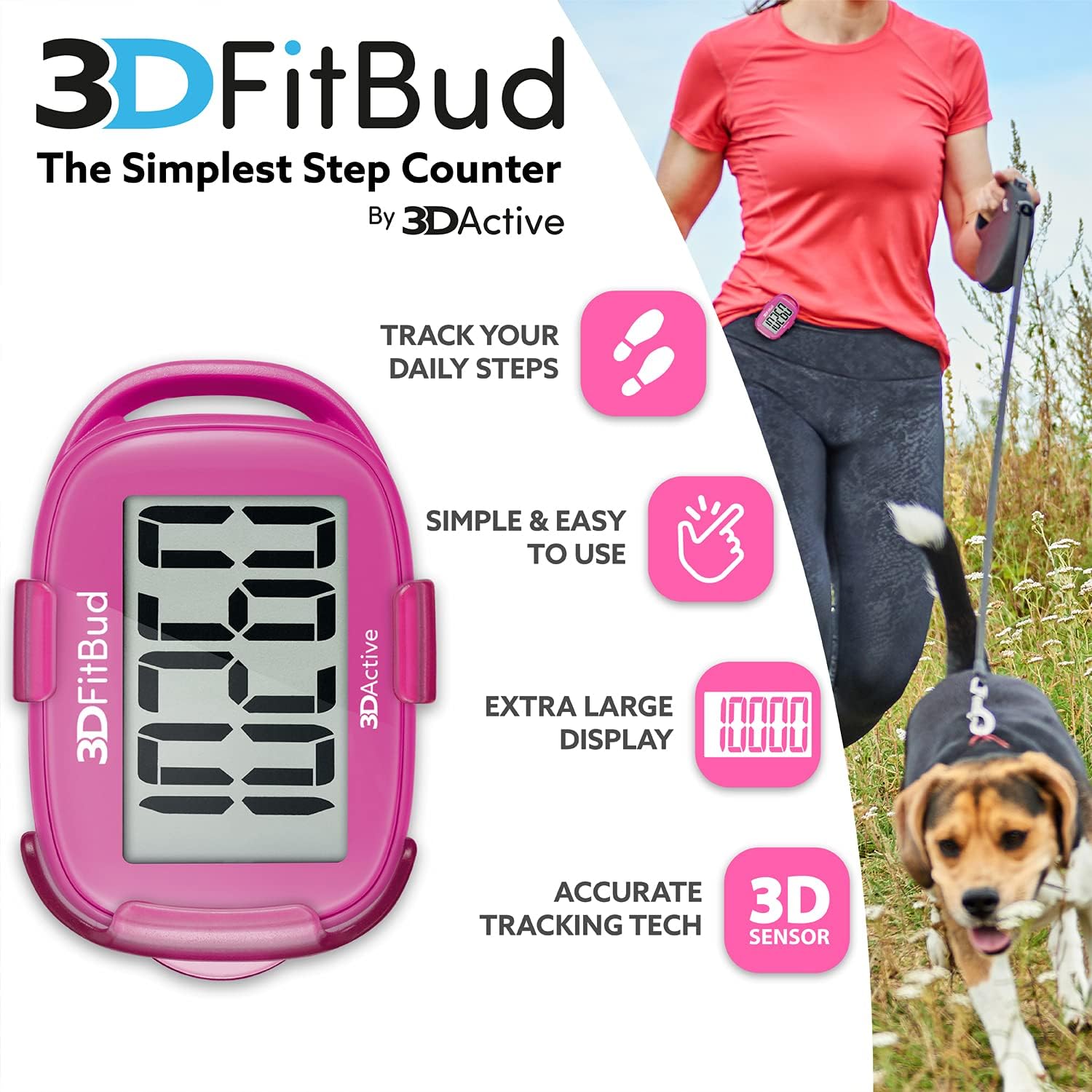 3DFitBud Easy Pedometer Walking 3D-Schrittzähler mit Clip und Trageband A420S – Bild 2