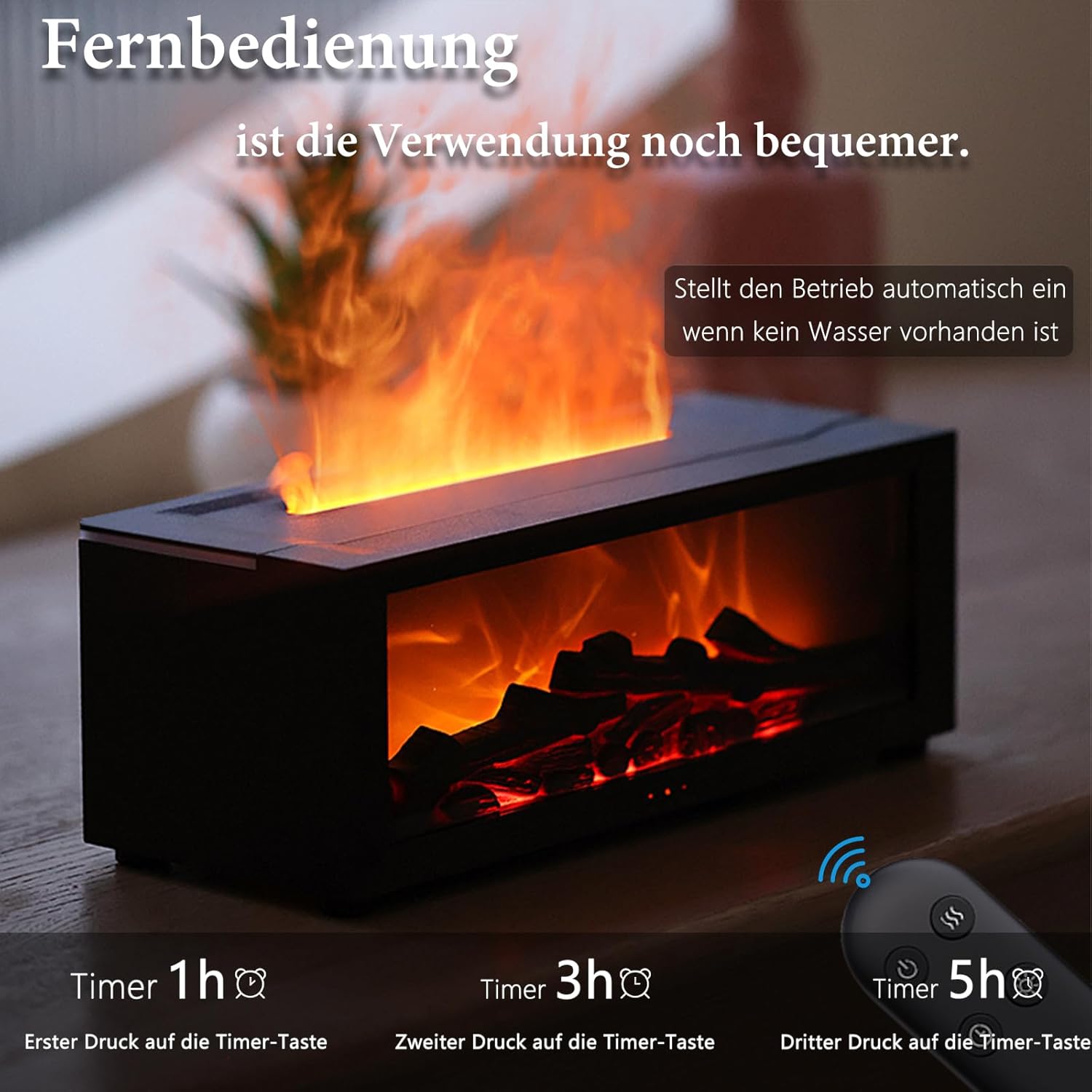 Aromadiffusor mit LED-Kamin, Duftöldiffusor für ätherische Öle mit 7-Farben-Lichtflammeneffekt, 150 ml Luftbefeuchter mit Fernbedienung, 4 Timer, wasserlose Abschaltautomatik (Schwarz) – Bild 6