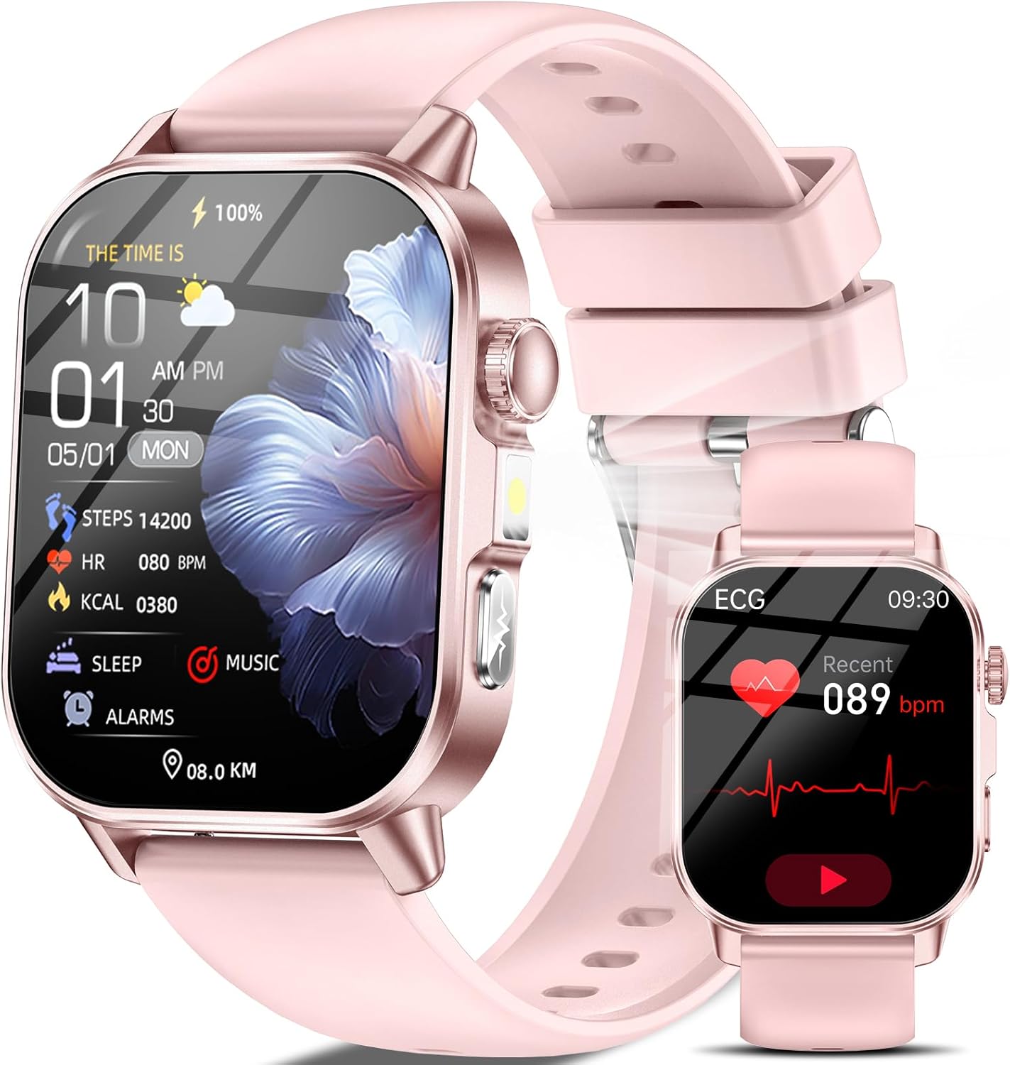 Damen-Smartwatch mit EKG-/Schlafmonitor, BMI, HRV, LED-Licht, 2,0 Zoll, Gesundheitsuhr mit 24-Stunden-Blutdruckmessung, SpO2, Harnsäure, Herzfrequenzmesser, Körpertemperatur, SOS-Notruf, Fitness