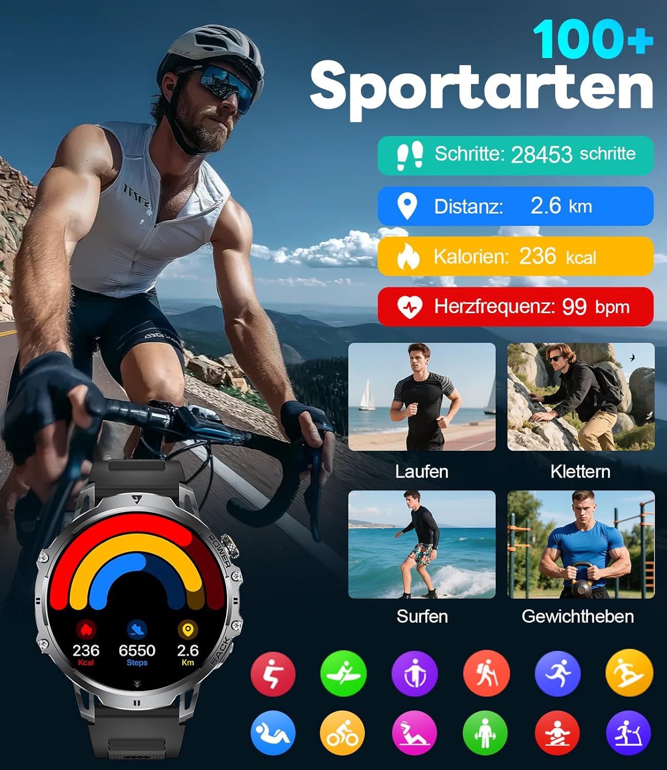 LIGE Military Smartwatch Herren – 1000 mAh/1,85 Zoll HD großer Touchscreen/LED-Licht, Fitnessuhr mit 110+ Sportmodi, Herz-/Schlaf-Tracking, 2 Armbänder, IP68 wasserdicht, Sportuhr für iOS/Android, Schwarz – Bild 5