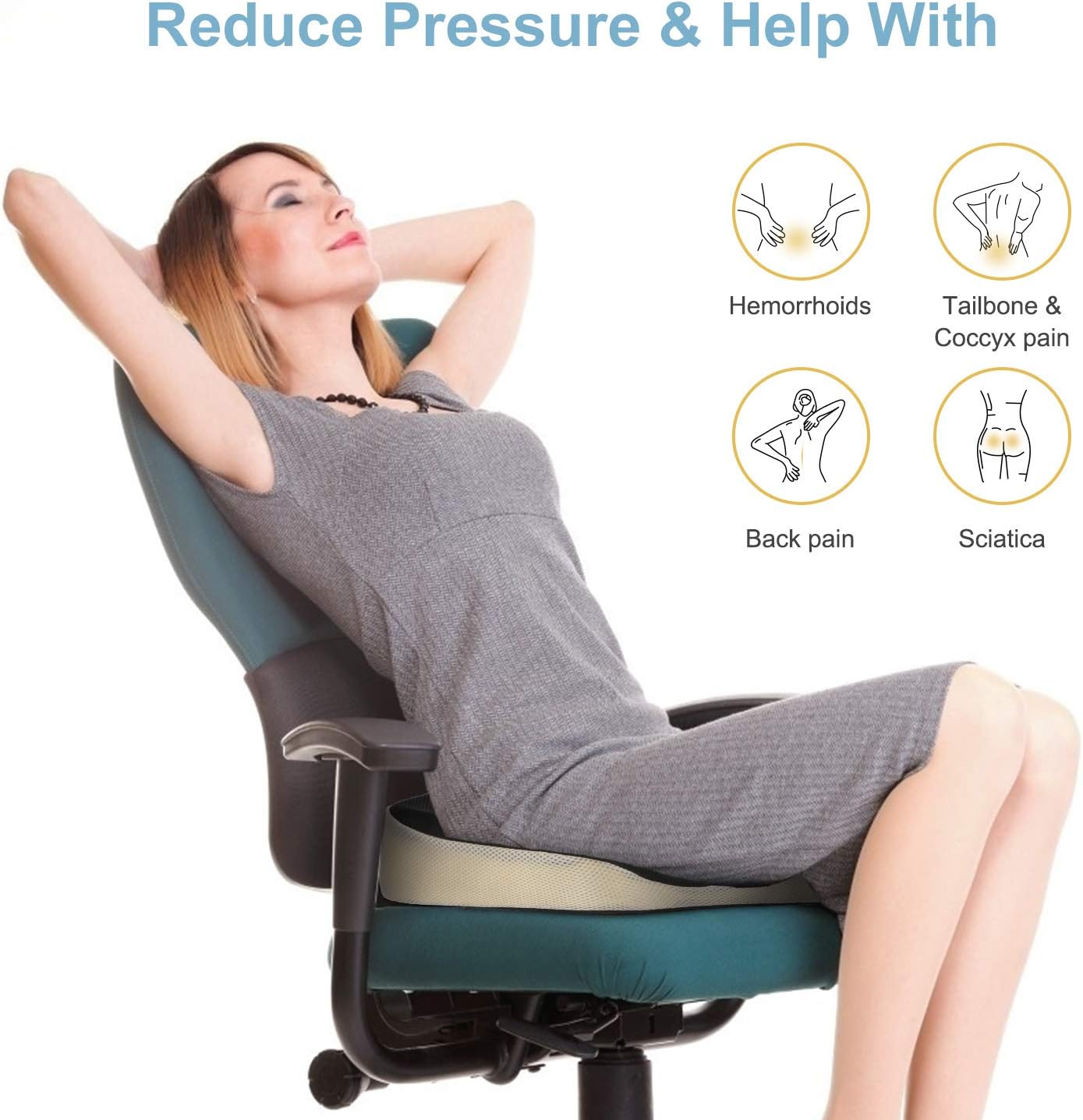 Feagar Gel-Sitzkissen, orthopädisches Memory-Schaum-Sitzkissen, ergonomisches Sitzkissen mit Gel für Bürostuhl, Auto, Rollstuhl, Steißbeinkissen, Stuhlkissen, Sitzkissen, Zuhause im Freien – Bild 5