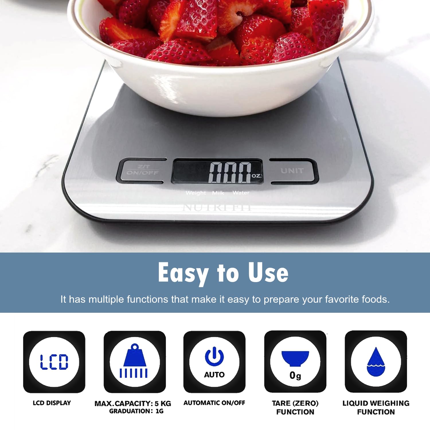 NUTRI FIT Digitale Küchenwaage aus Edelstahl, ultraflache elektronische Kochwaage Lebensmittelwaage, 4 Einheiten, 5kg/11lb, LCD-Anzeige, AAA Batterien-Silbergrau – Bild 9