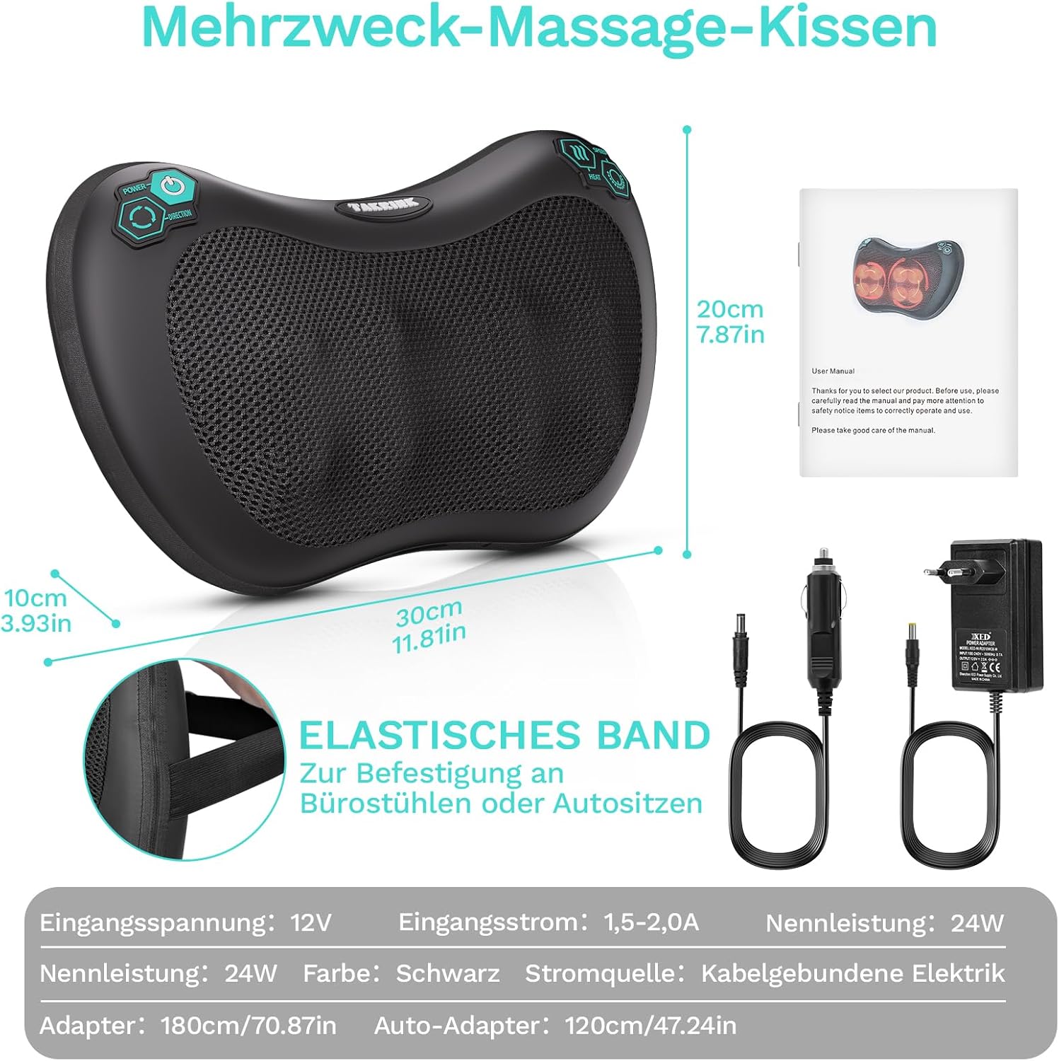 TAKRINK Shiatsu-Massagekissen, Nackenmassagegerät, Rückenmassagegerät mit 8 Knoten und 3 Geschwindigkeiten, tiefes Gewebekneten, leises Massagegerät für Nacken, Schulter, Rücken, mit 1,8 m Autokabel für Männer und Frauen – Bild 6
