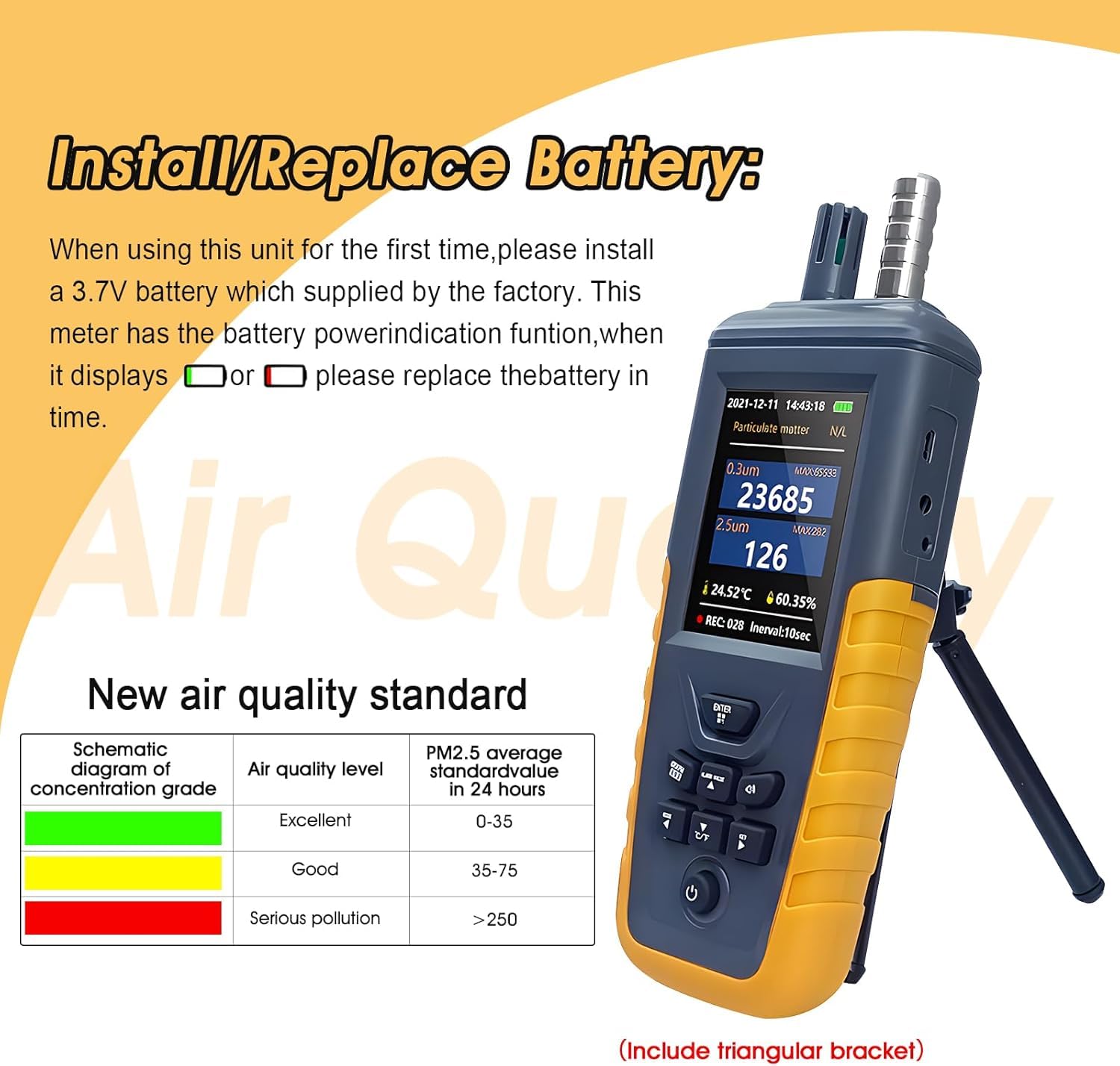 Feinstaubmessgerät Partikelmessgerät, CO2-Messgerät PM0,3/2,5/10 um Partikelmonitor, hochempfindlicher 3-Kanal 0~1000 μg/m³ USB wiederaufladbarer Temperatur- und Luftfeuchtigkeitsmonitor – Bild 6