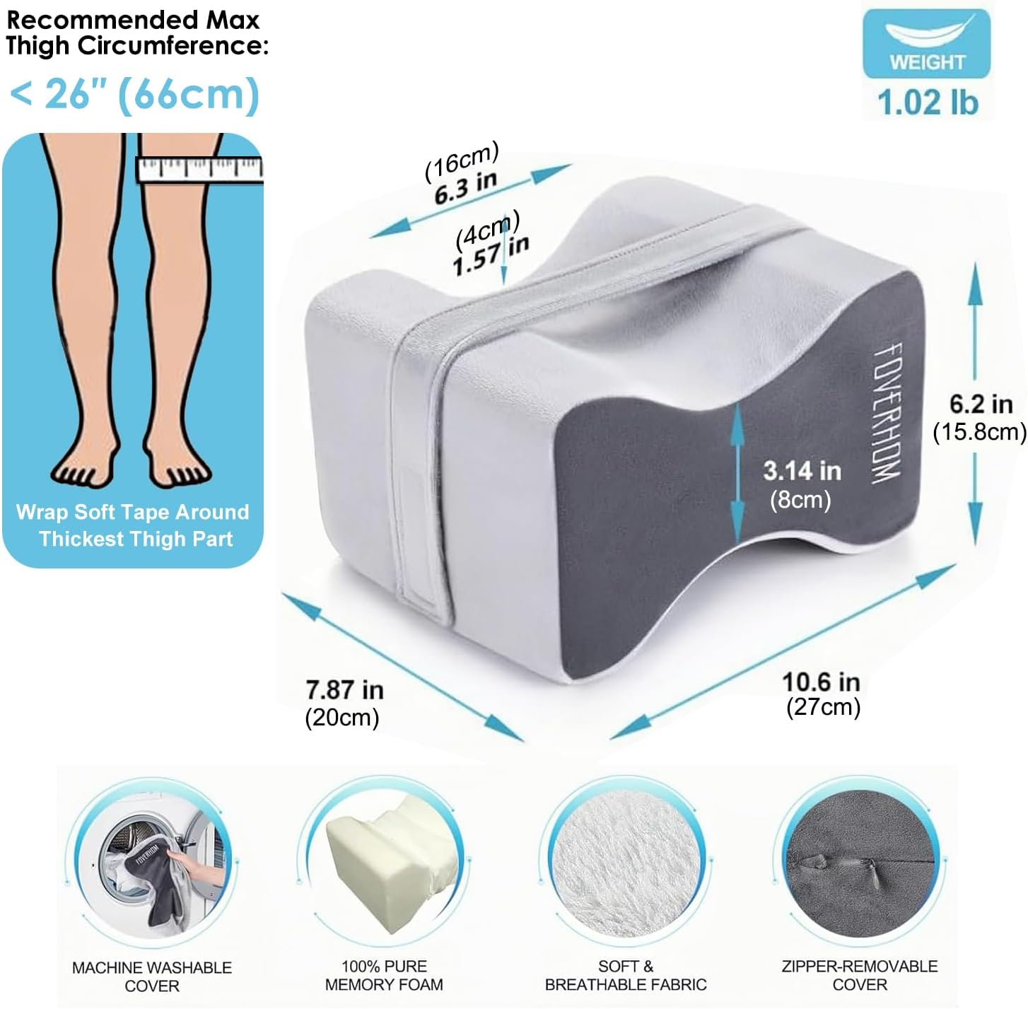 foverhom Kniekissen aus Memory-Schaum, orthopädisches Beinkissen zur Linderung von Ischias, Rückenschmerzen, Schwangerschaft, Beinschmerzen, Hüftschmerzen und Ischias, Grau – Bild 5