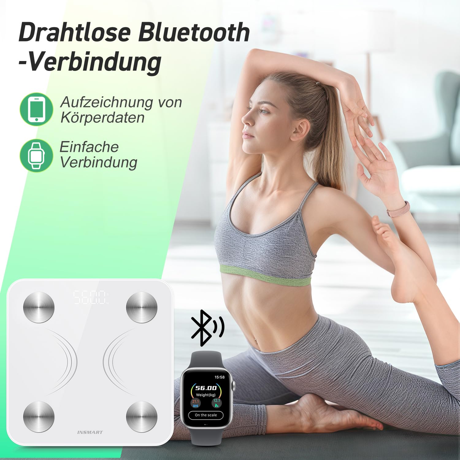 INSMART Digitale Personenwaage mit Bluetooth, Körperanalysewaage, Körperfettwaage für BMI, Gewicht, Pulsschlag, Wasser, Protein, Körperfett und Muskelmasse, 180 kg/400 lbs (weiß) – Bild 6