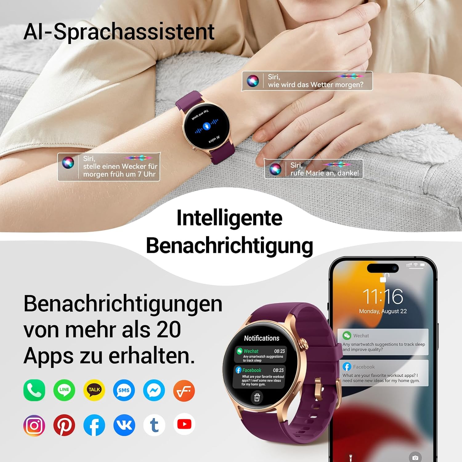 Runde Smartwatch für Damen mit Telefonfunktion, 1,32 Zoll AMOLED-Display, Fitnessuhr mit 110+ Sportmodi & 3ATM, Fitness-Tracker für iPhone/Android, Schrittzähler mit Herzfrequenzmesser, SpO2, Schlafmonitor, Lila – Bild 3