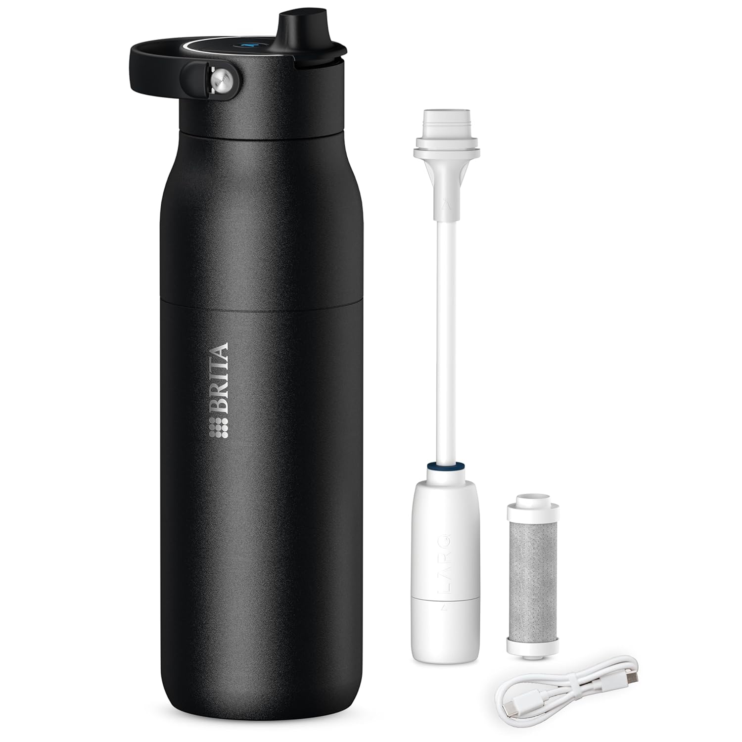BRITA LARQ iQ Digital Filter Wasserflasche Schwarz (1 L) inkl. Hydration Tracking (App), Aktivkohle-Wasserfilter & UV-C – Neutralisiert 99,99 % Bakterien & filtert Mikroschadstoffe, PFAS & mehr