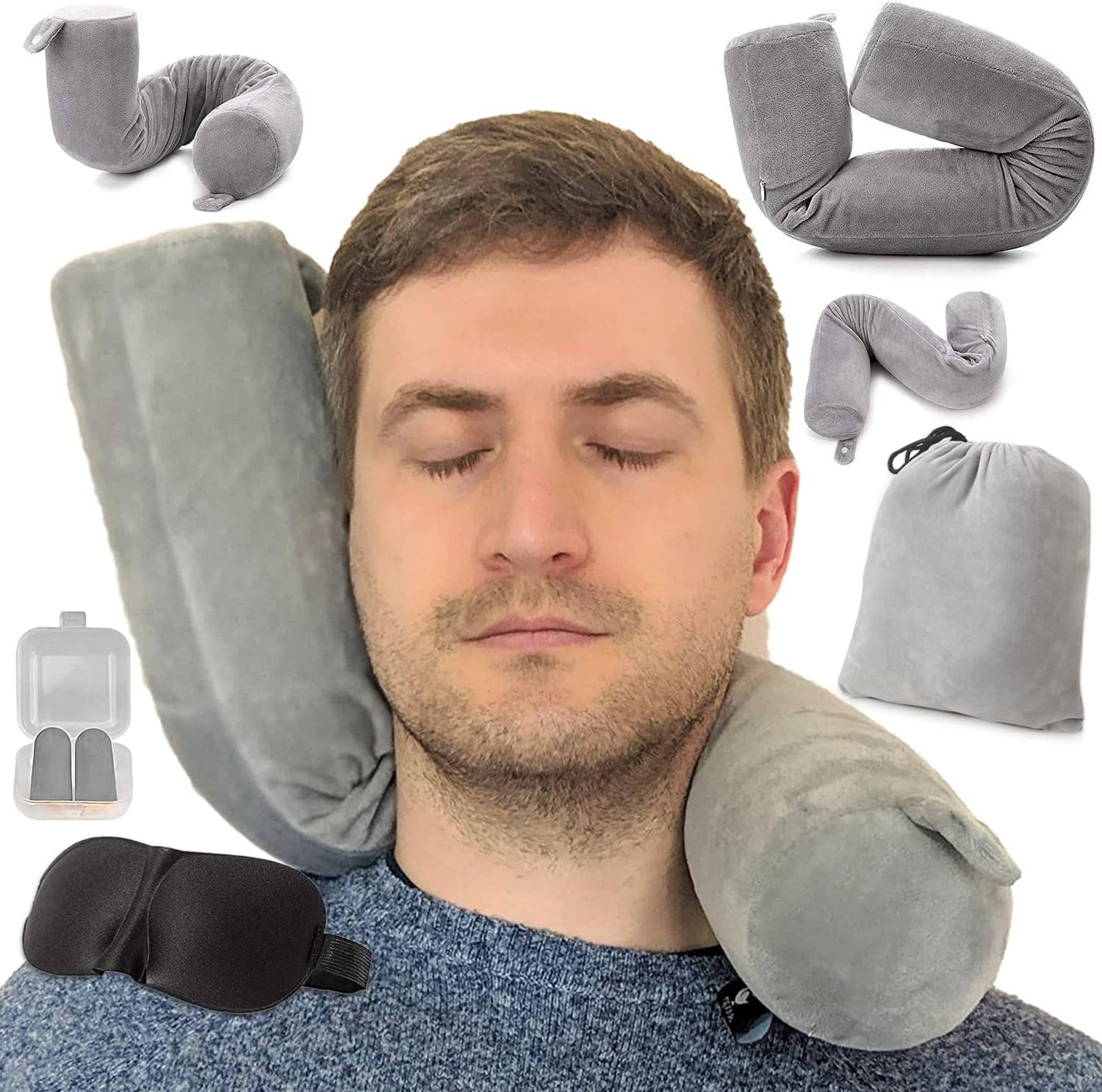 EPROICKS Flugzeug-Nackenkissen, verstellbar, Reisekissen, flexibles Auto mit Memory-Schaum und flexiblen Stützstangen, formbar für Seitenschläfer, inklusive Schlafmaske und Ohrstöpsel, kompakt, atmungsaktiv (grau)