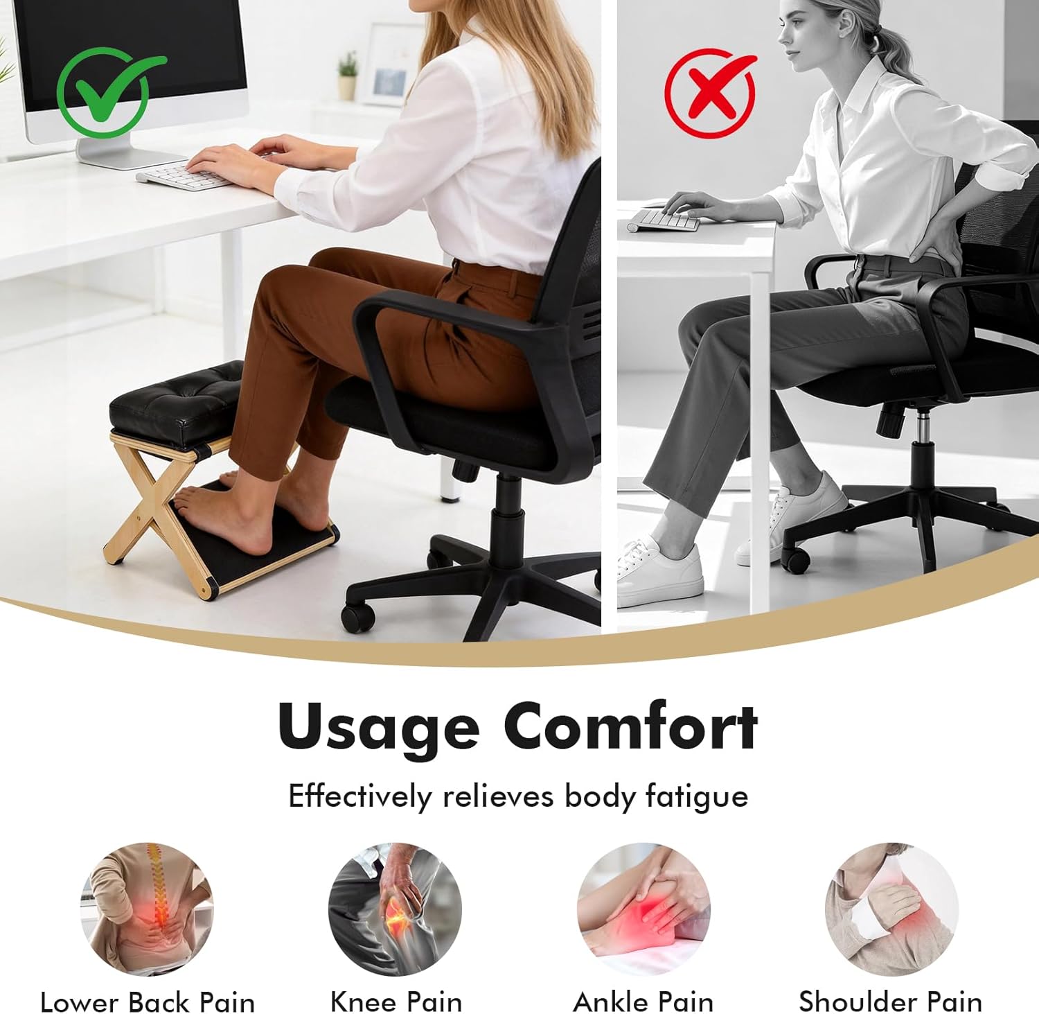 2-in-1 Fußstütze Schreibtisch, Höhenverstellbarer Fußhocker, Ergonomischer Fußhocker aus Holz mit Weichem, Rutschfester Fußhocker für Büro Auto, Ottoman Fußstütze Stuhl für Vanity – Bild 3