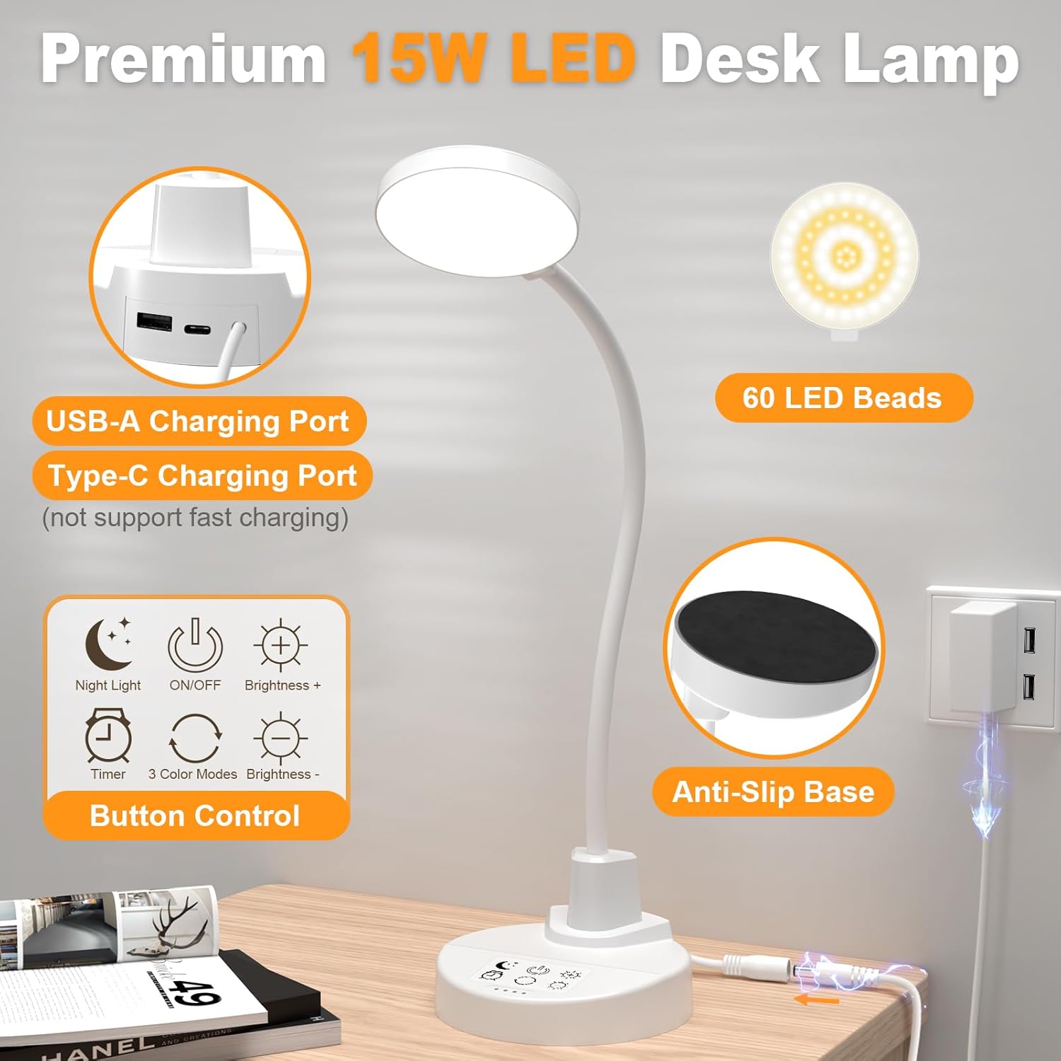 15 W LED-Schreibtischlampe mit USB-A & USB-C – Dimmbar, 3 Farbtemperaturen, 5 Helligkeitsstufen, 4 Timer, flexibler 360°-Schwanenhals, augenfreundlich, Tischlampe für Büro & Schlafzimmer – Weiß – Bild 8