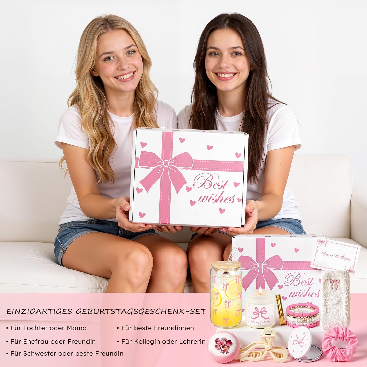 Luxuriöses Geburtstagsgeschenk für Frauen – Geschenkbox mit rosa Schleifen als elegantes Wellness-Geschenkset mit Duftkerze, Badebombe, Glasbecher und ausgewählten Beauty-Accessoires – Bild 7