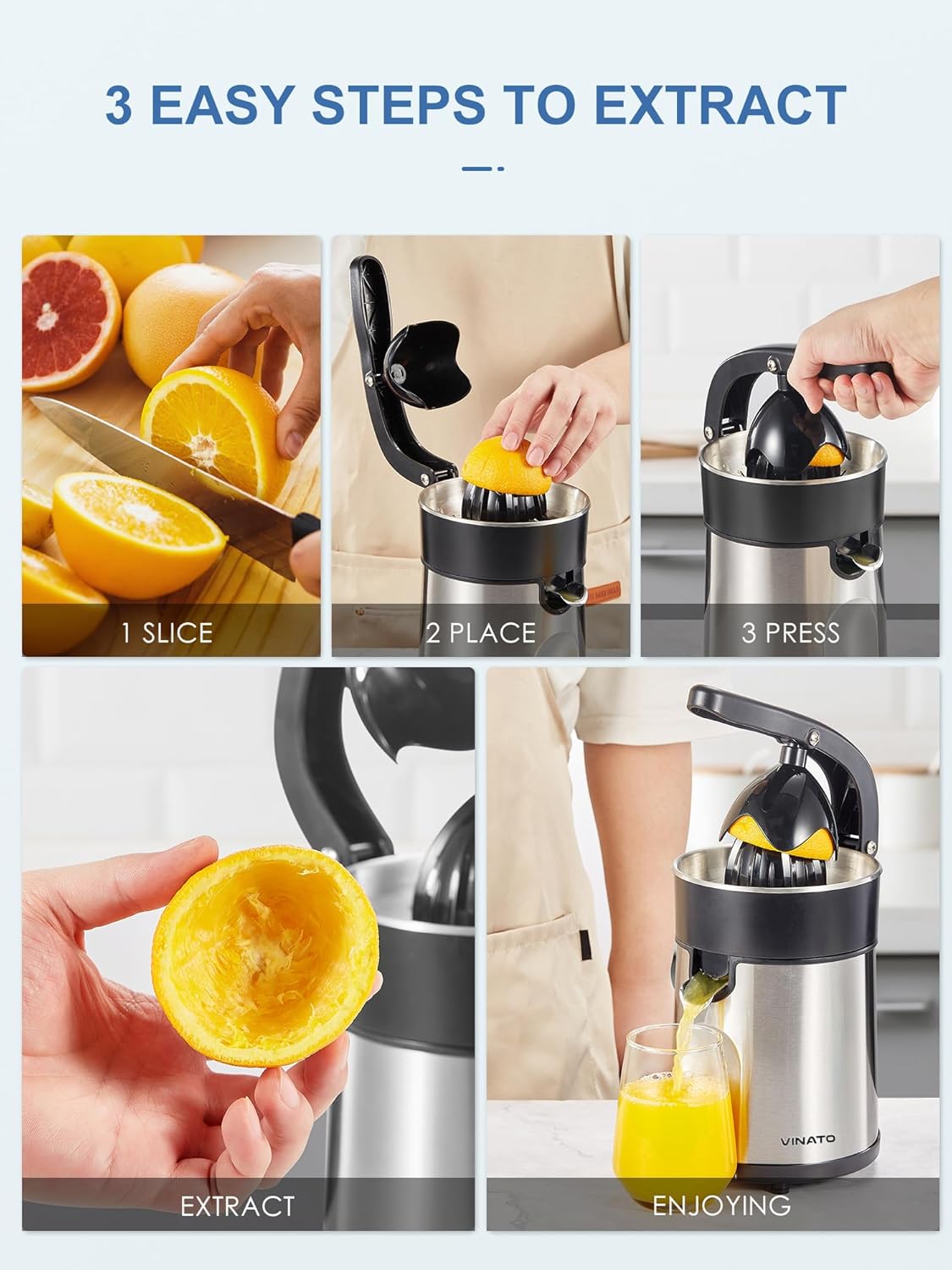 VINATO Zitruspresse, Orangenpresse, Edelstahl, BPA-frei – Bild 5