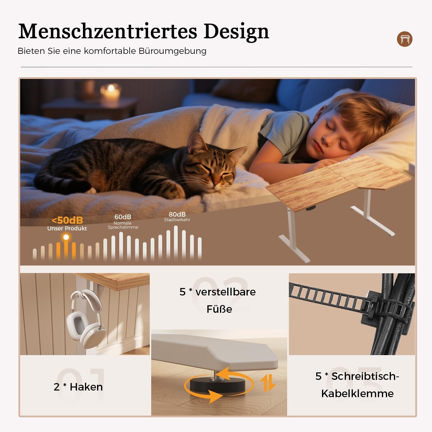 Klicelor Höhenverstellbarer Schreibtisch 160 x 90 cm, elektrischer Stehsitz, Bürotisch, Computertisch mit 2 Memory-Funktionen, Stehpult, für Heimbüro und Büro, hellbraun – Bild 6