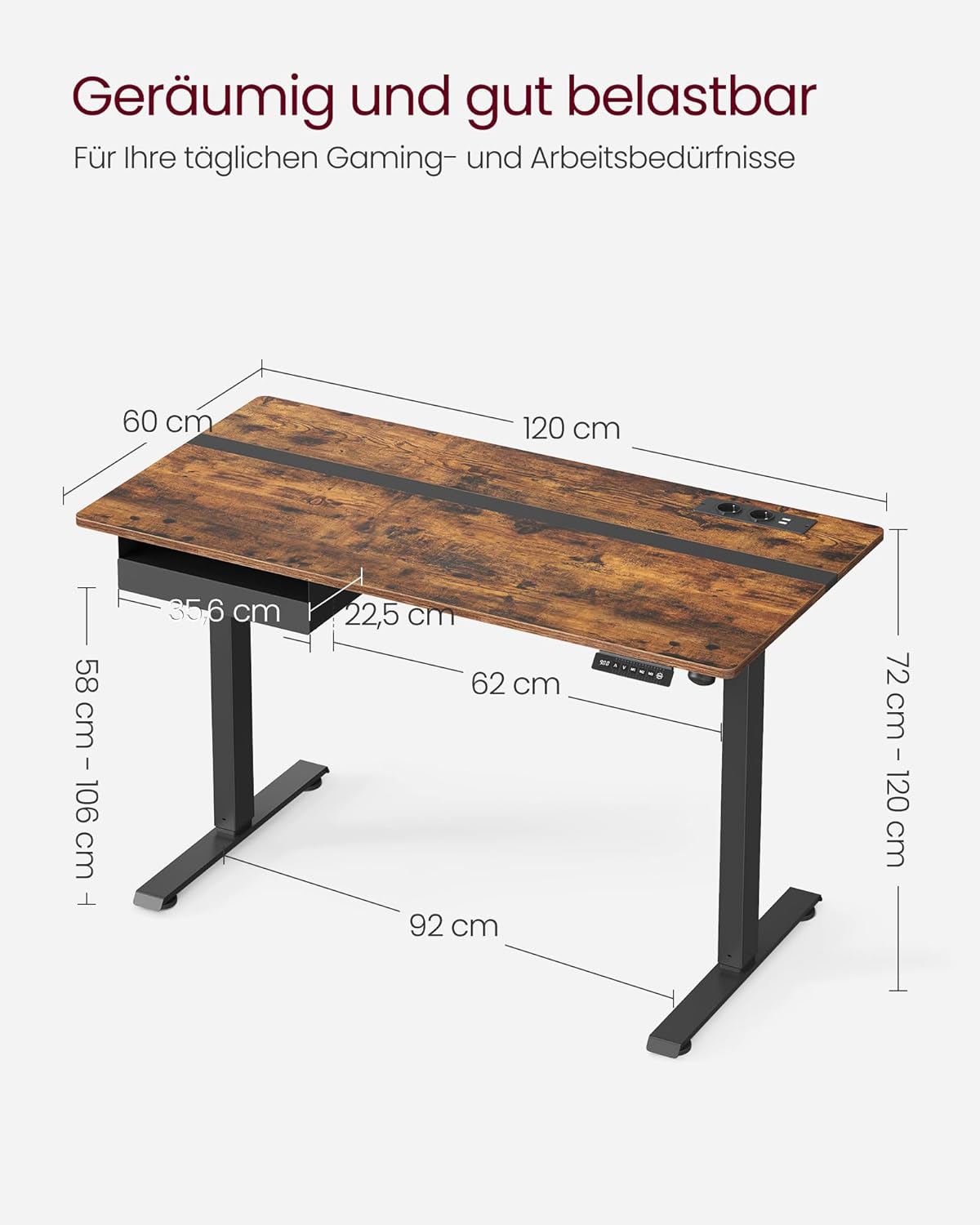VASAGLE LSD112X01 Höhenverstellbarer elektrischer Schreibtisch mit Steckdose und Schublade, 60 x 120 cm Tischfläche, stufenlos verstellbar, Memory-Funktion mit 4 Höhen, Vintage Braun/Schwarz – Bild 8