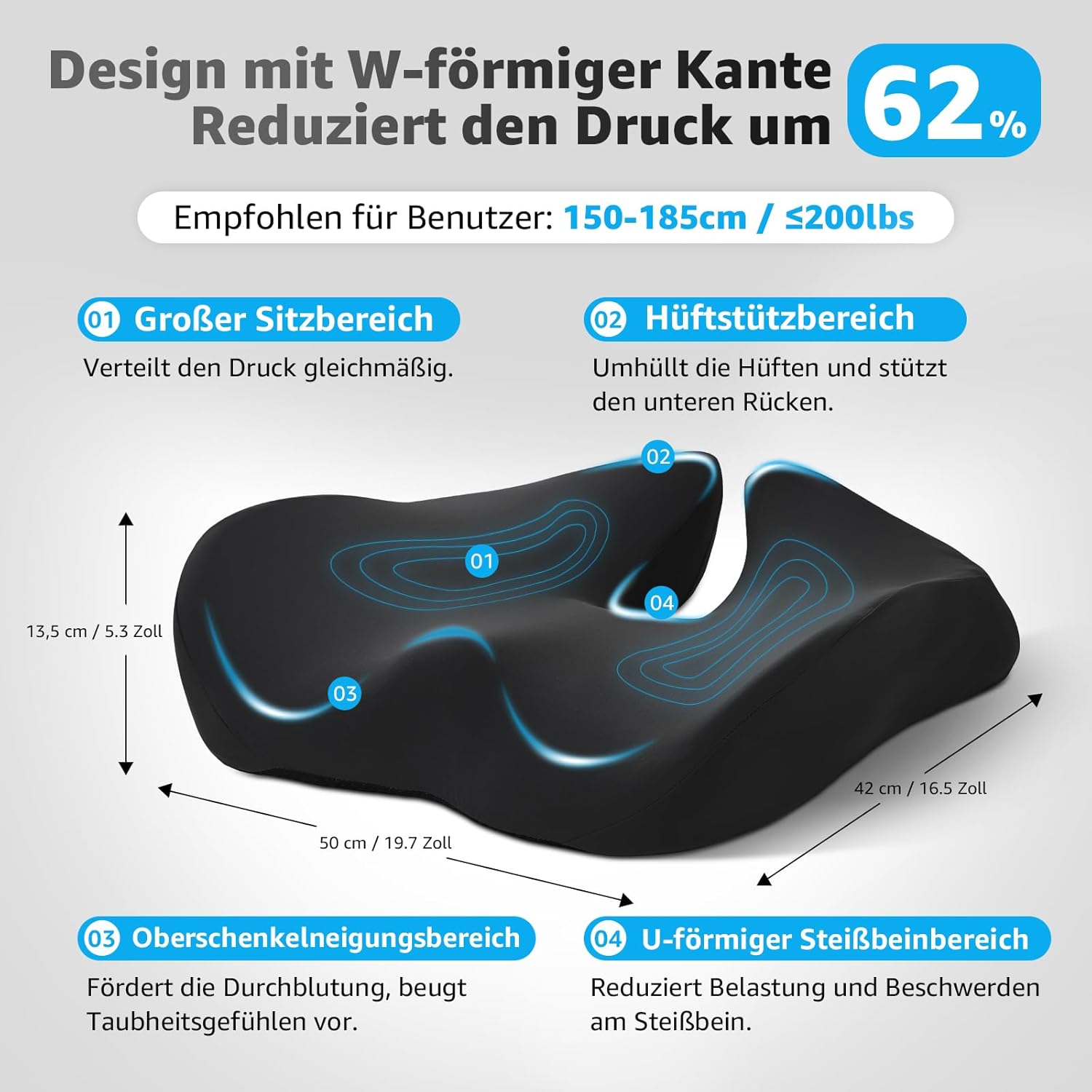 BRO Extra großes orthopädisches Sitzkissen mit Bezug aus Eisseide, ergonomisches Sitzkissen aus Memory-Schaum, Steißbein-Entlastung für Bürostuhl, Auto und Rollstuhl – Bild 2