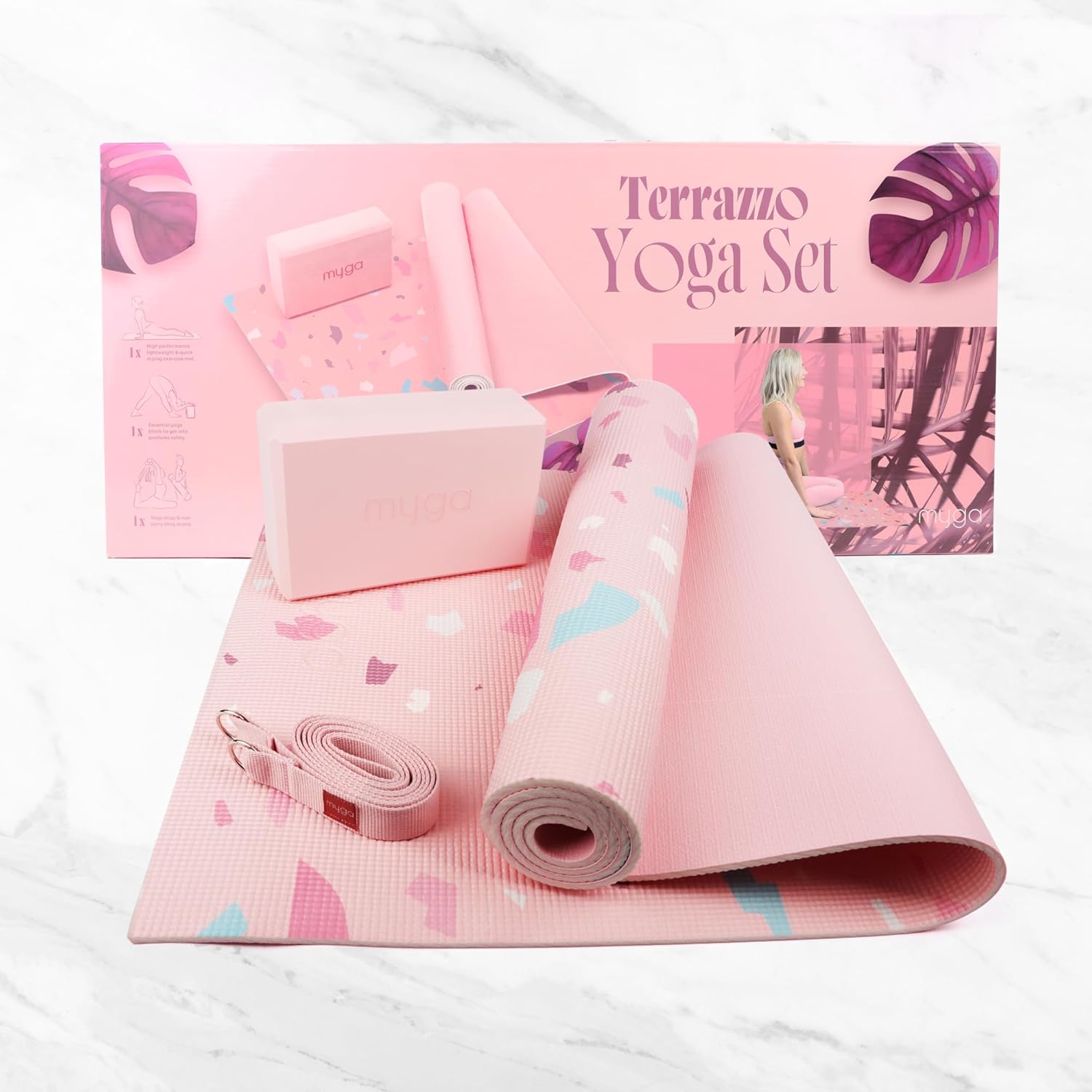 Myga Yoga Starter Kit, Komplettset mit Yogamatte, Yogablock & Gurt, rutschfest & unterstützend, ideal für Anfänger & Zuhause sowie auf Reisen, verschiedene Druckdesigns – Bild 2