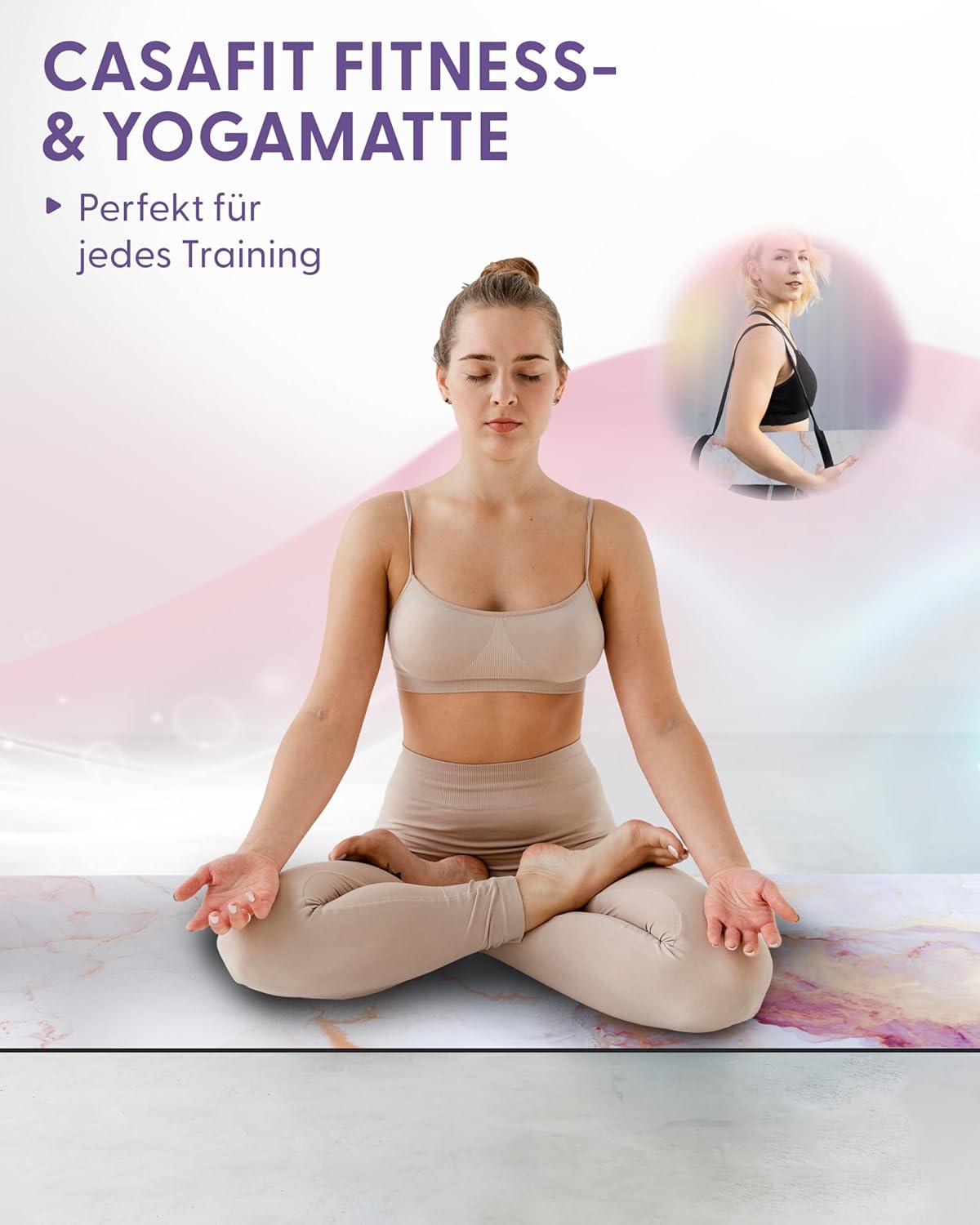 Fitnessmatte, Yogamatte, Gymnastikmatte, 183 cm x 68 cm x 4 mm, aus umweltfreundlichem Naturkautschuk und rutschfest mit Design und Tragegurt. – Bild 2