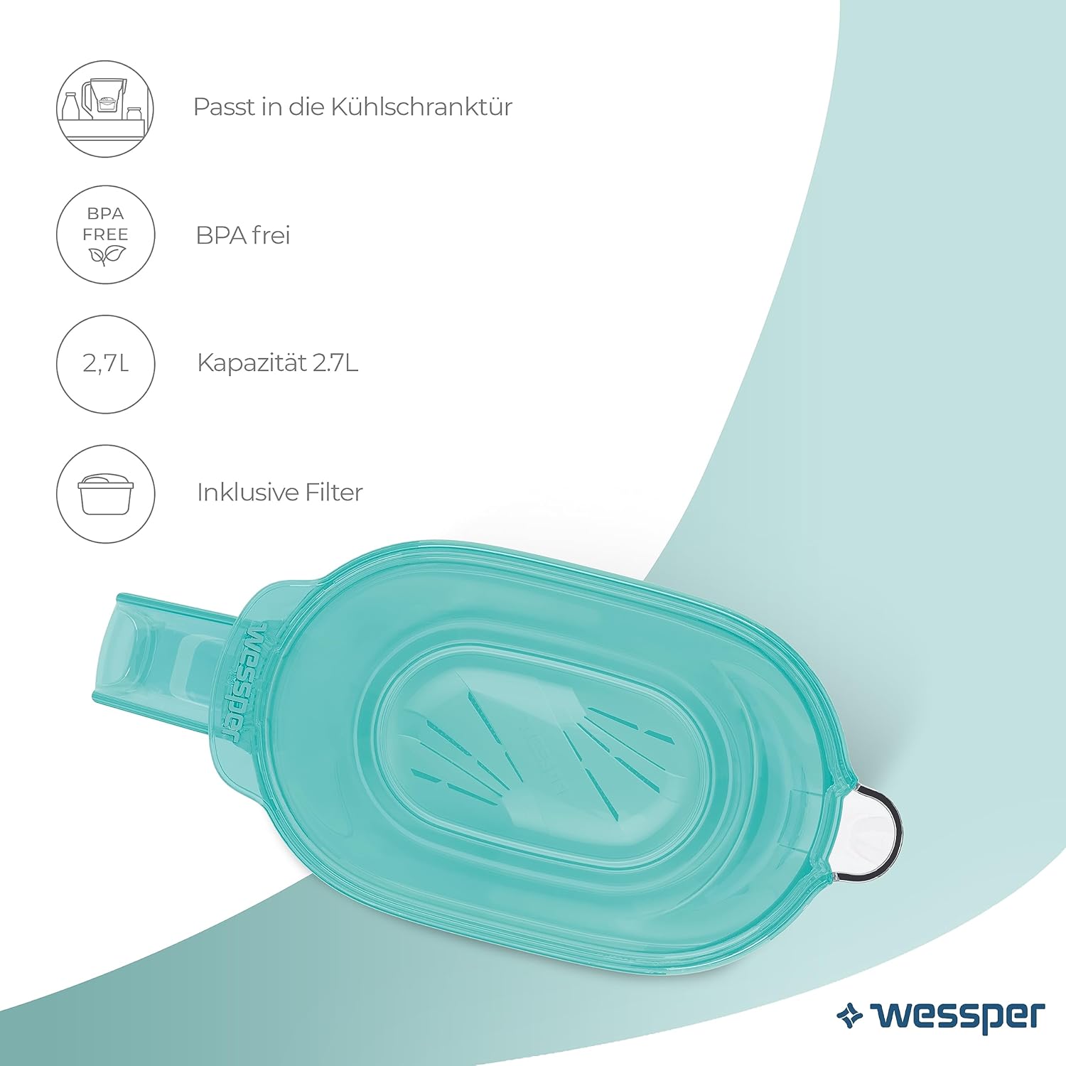 Wessper Wasserfilterkrug 2,7 L für Kühlschranktür, Wasserkaraffe mit Aktivkohlefilter, Wasserkrug kompatibel mit Brita Maxtra Filterkartusche – Mint – Bild 2